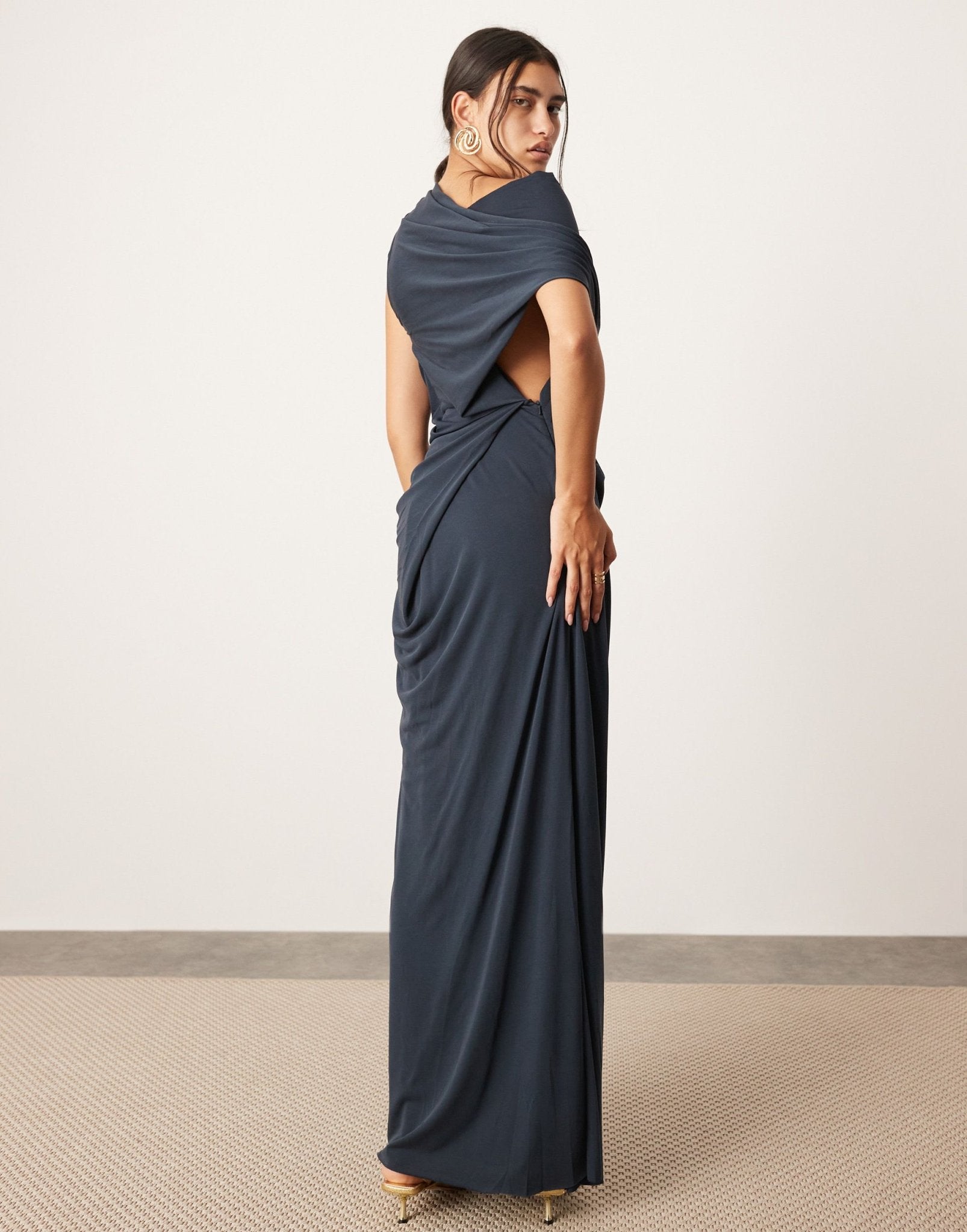 ASOS EDITION asymmetric neck maxi dress with spiral trim in dark blue - ASOS Sample Sale EU Store