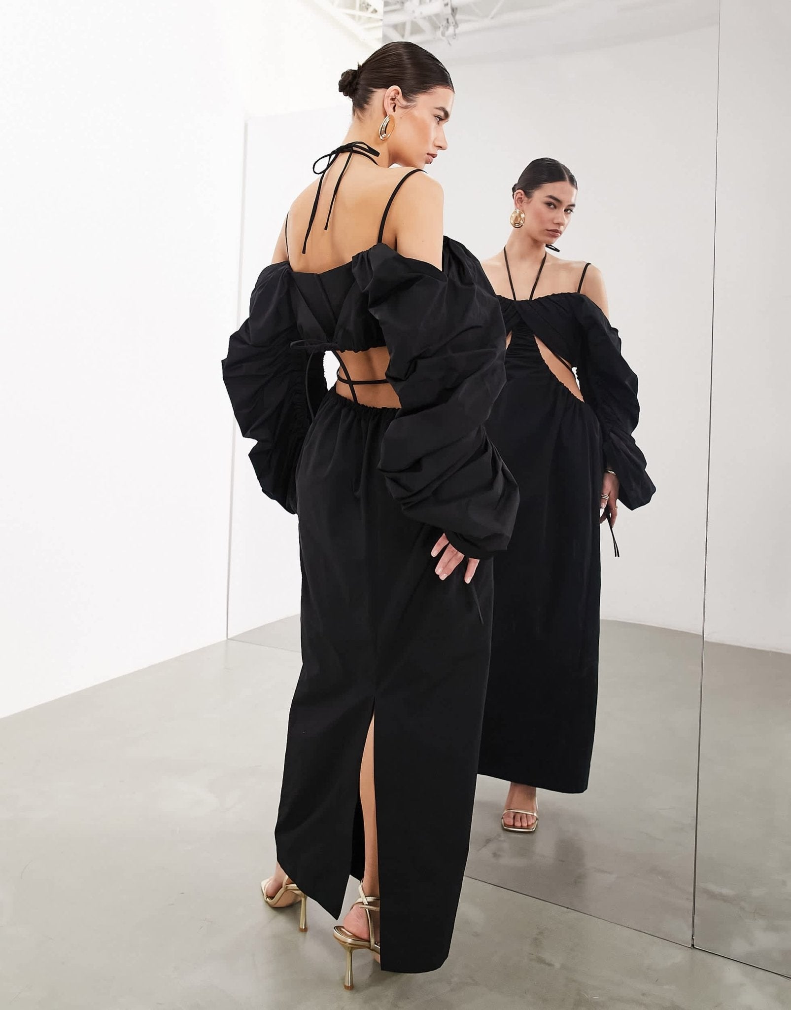 ASOS EDITION bardot oversized structured puff sleeve maxi dress in black - ASOS Sample Sale EU Store