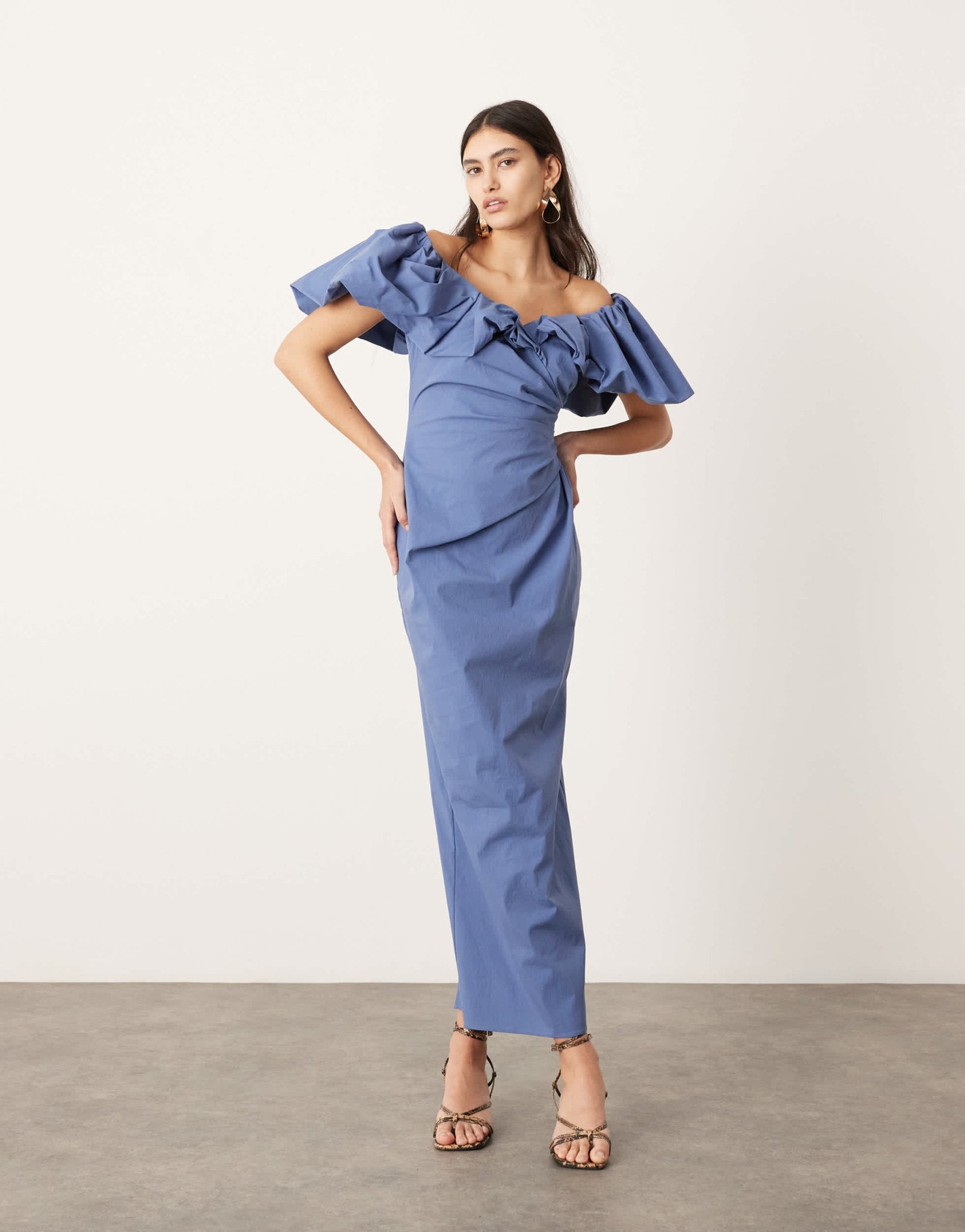 ASOS EDITION bardot ruched puff sleeve maxi dress in blue - ASOS Sample Sale EU Store