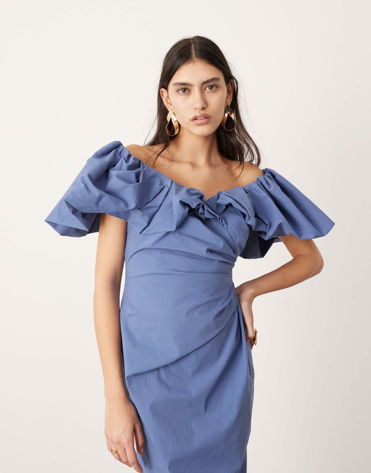 ASOS EDITION bardot ruched puff sleeve maxi dress in blue - ASOS Sample Sale EU Store