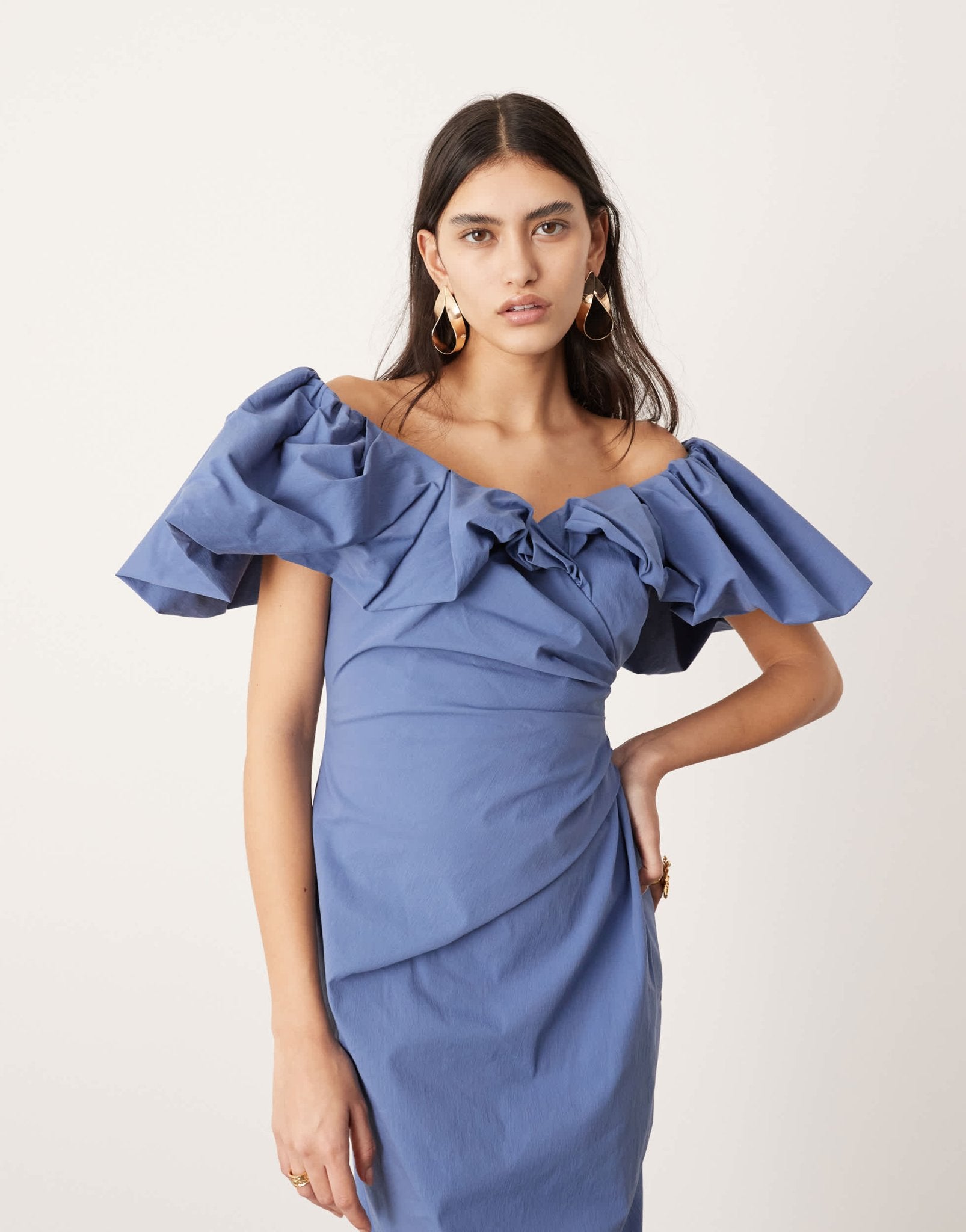 ASOS EDITION bardot ruched puff sleeve maxi dress in blue - ASOS Sample Sale EU Store