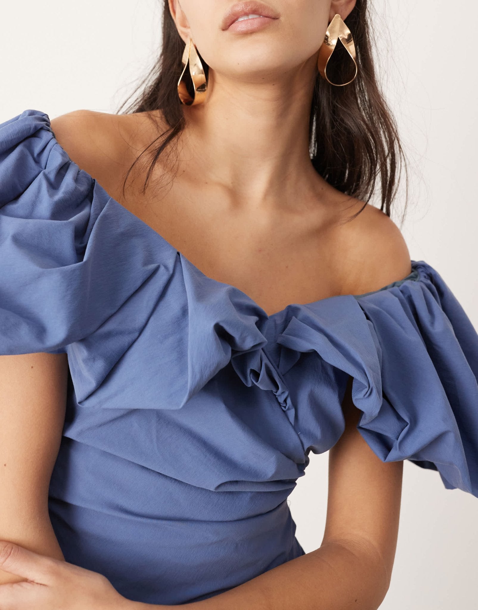 ASOS EDITION bardot ruched puff sleeve maxi dress in blue - ASOS Sample Sale EU Store