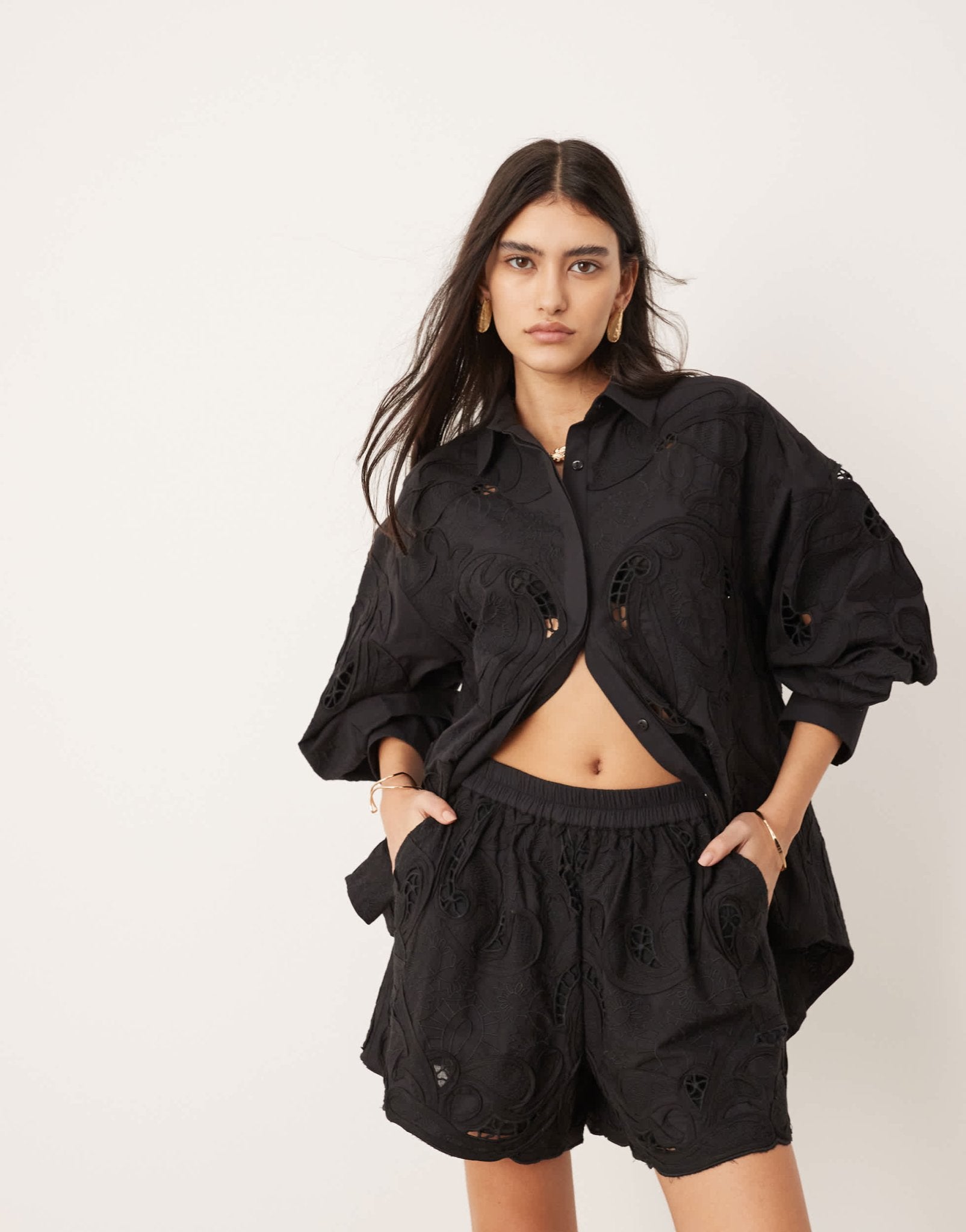 ASOS EDITION broderie cut work boxy shorts co - ord in black - ASOS Sample Sale EU Store