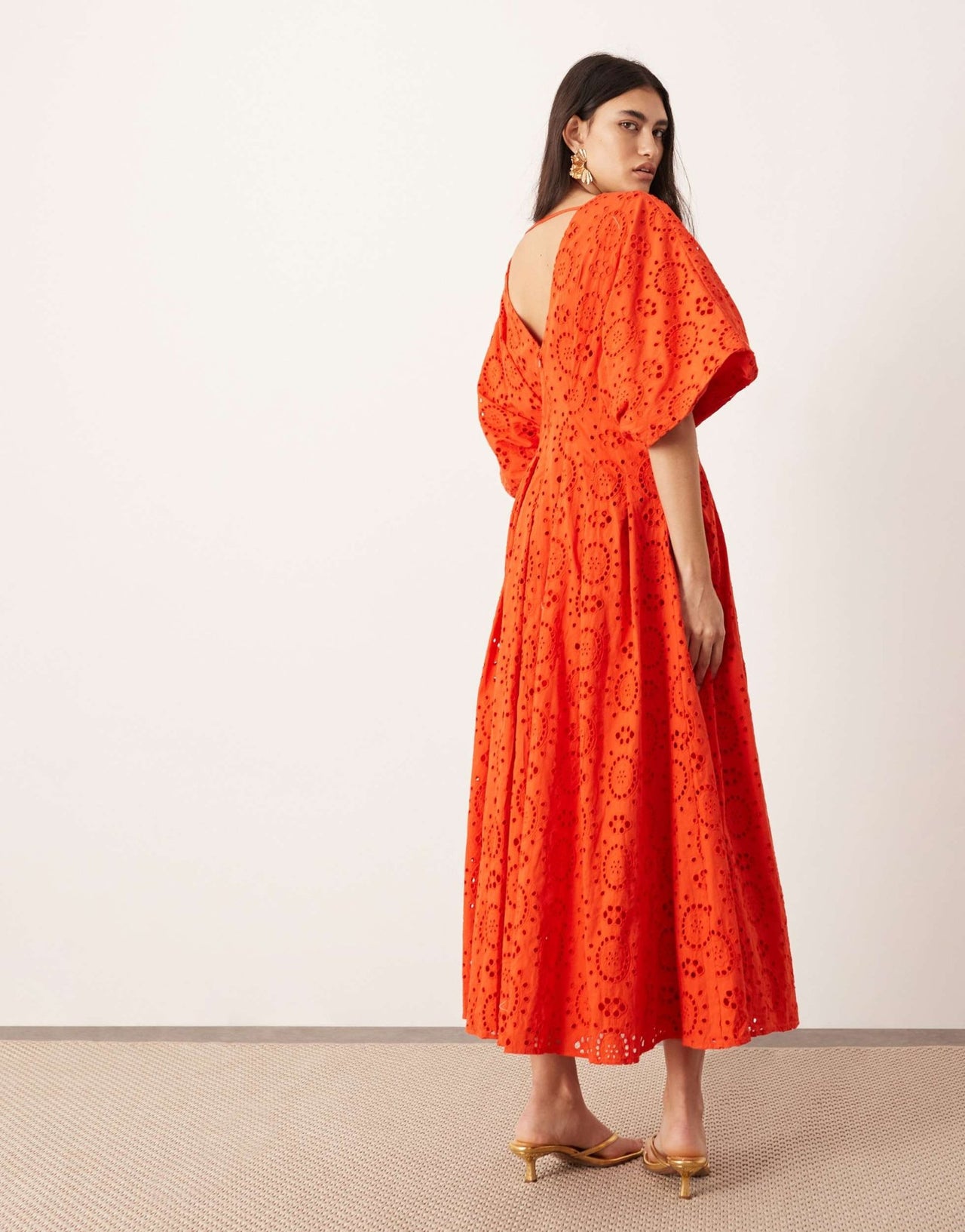 ASOS EDITION broderie wide sleeve plunge midi dress in red - ASOS Sample Sale EU Store