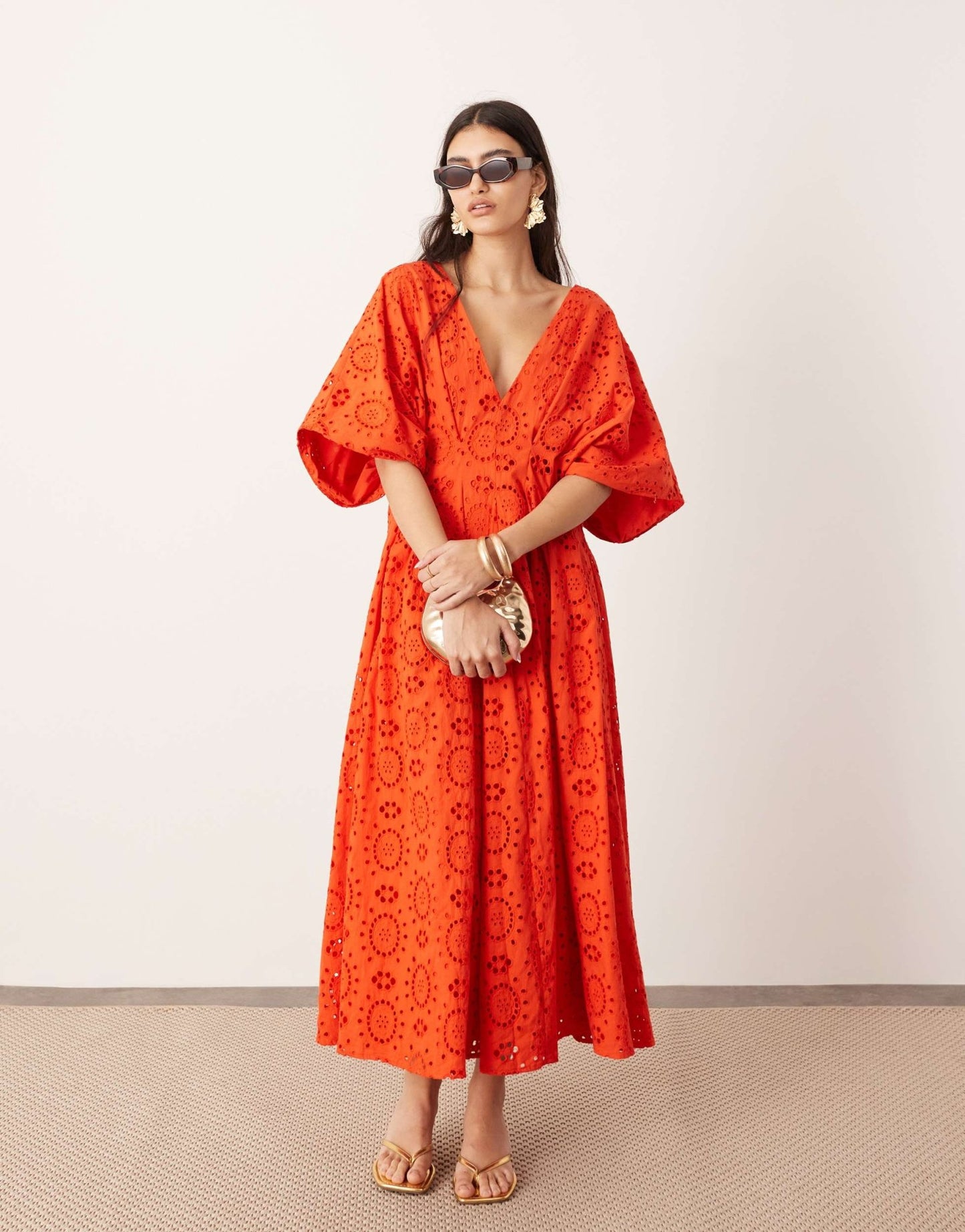 ASOS EDITION broderie wide sleeve plunge midi dress in red - ASOS Sample Sale EU Store