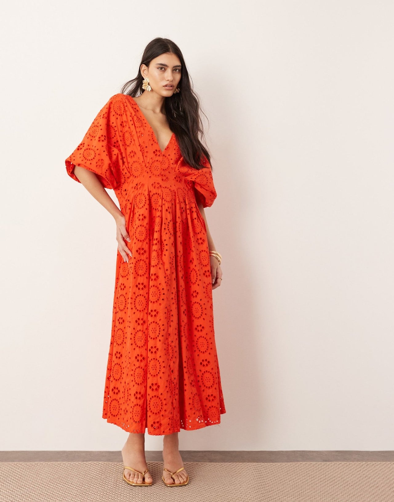 ASOS EDITION broderie wide sleeve plunge midi dress in red - ASOS Sample Sale EU Store