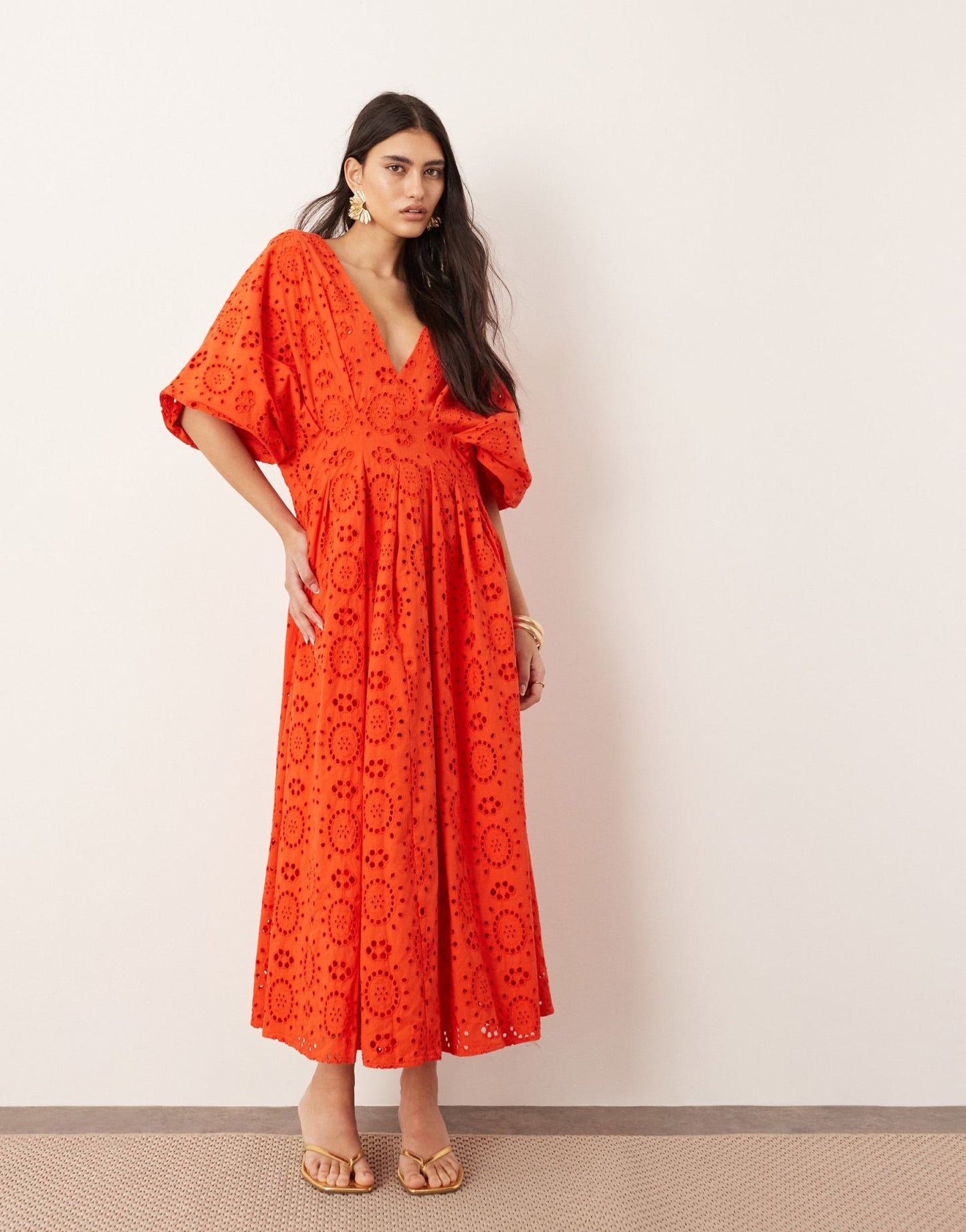ASOS EDITION broderie wide sleeve plunge midi dress in red - ASOS Sample Sale EU Store