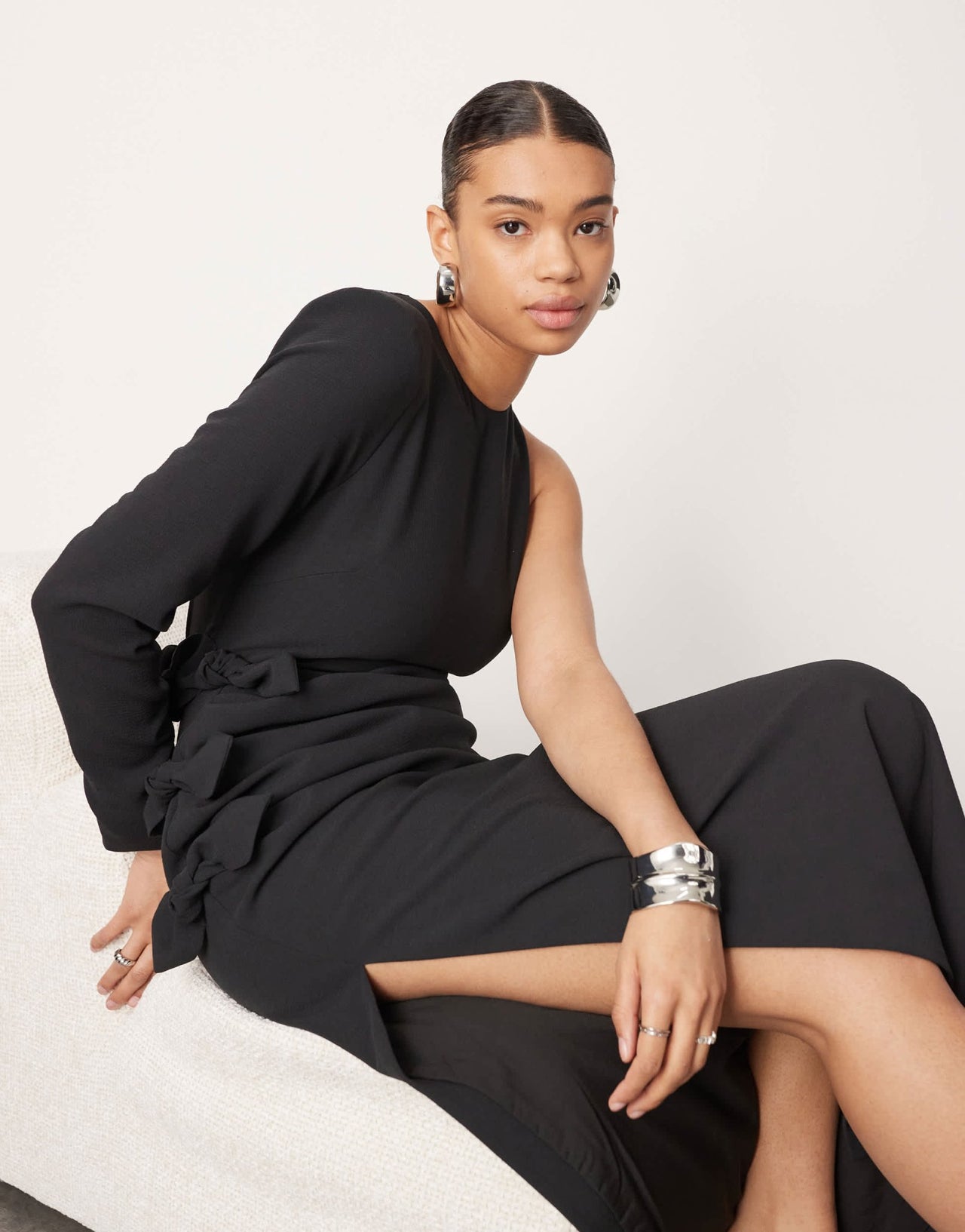 ASOS EDITION crepe one sleeve bow detail maxi dress in black - ASOS Sample Sale EU Store