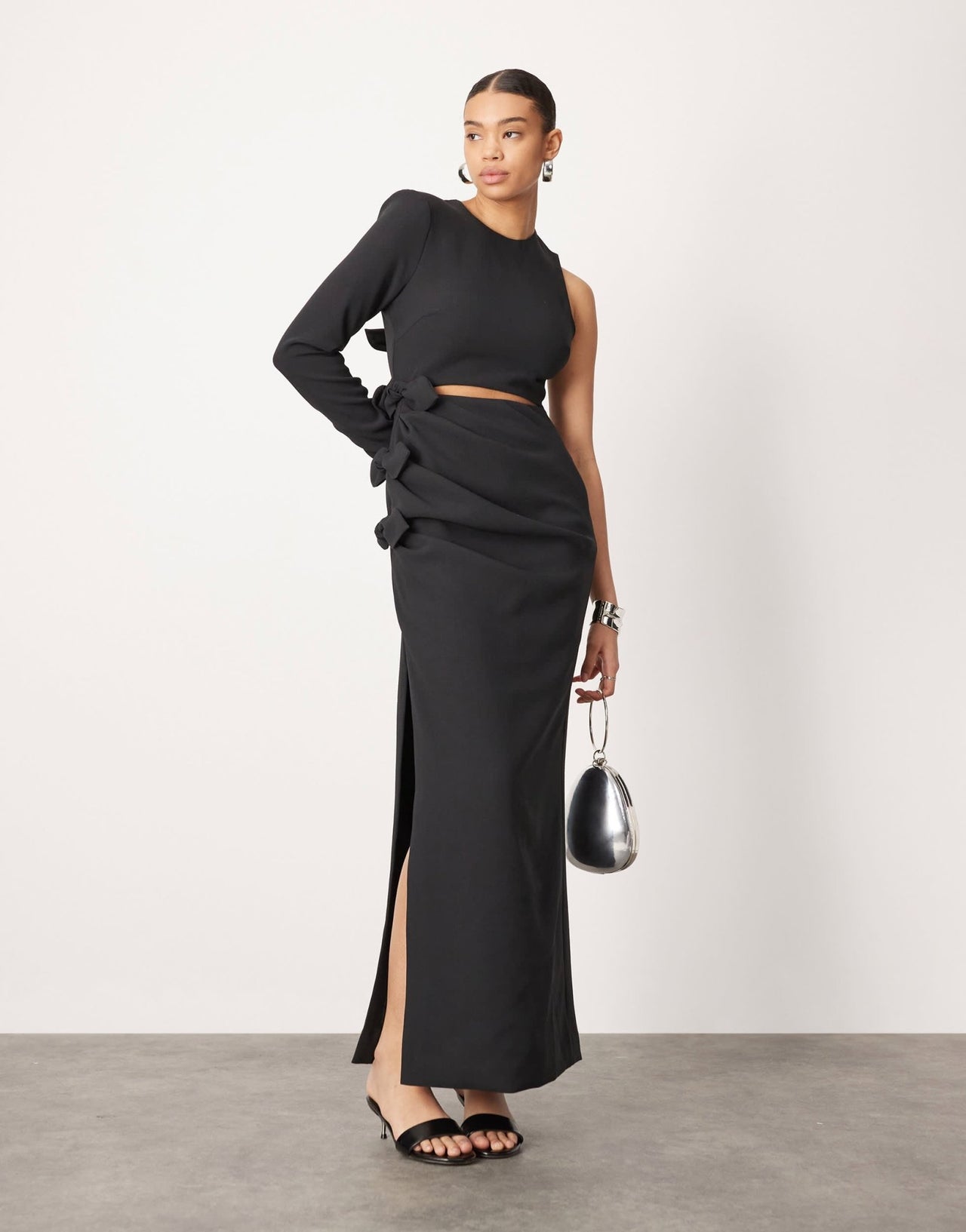 ASOS EDITION crepe one sleeve bow detail maxi dress in black - ASOS Sample Sale EU Store