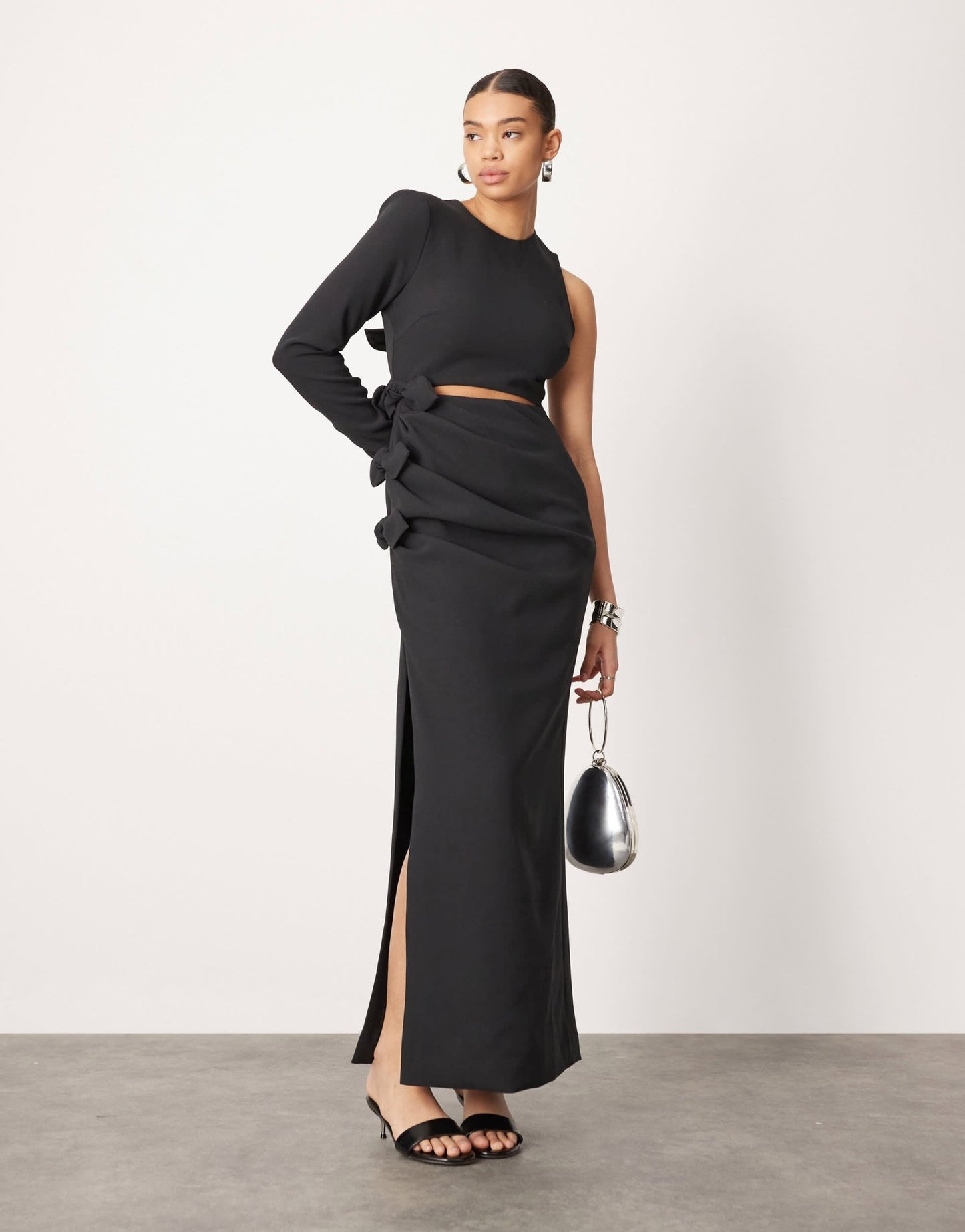 ASOS EDITION crepe one sleeve bow detail maxi dress in black - ASOS Sample Sale EU Store