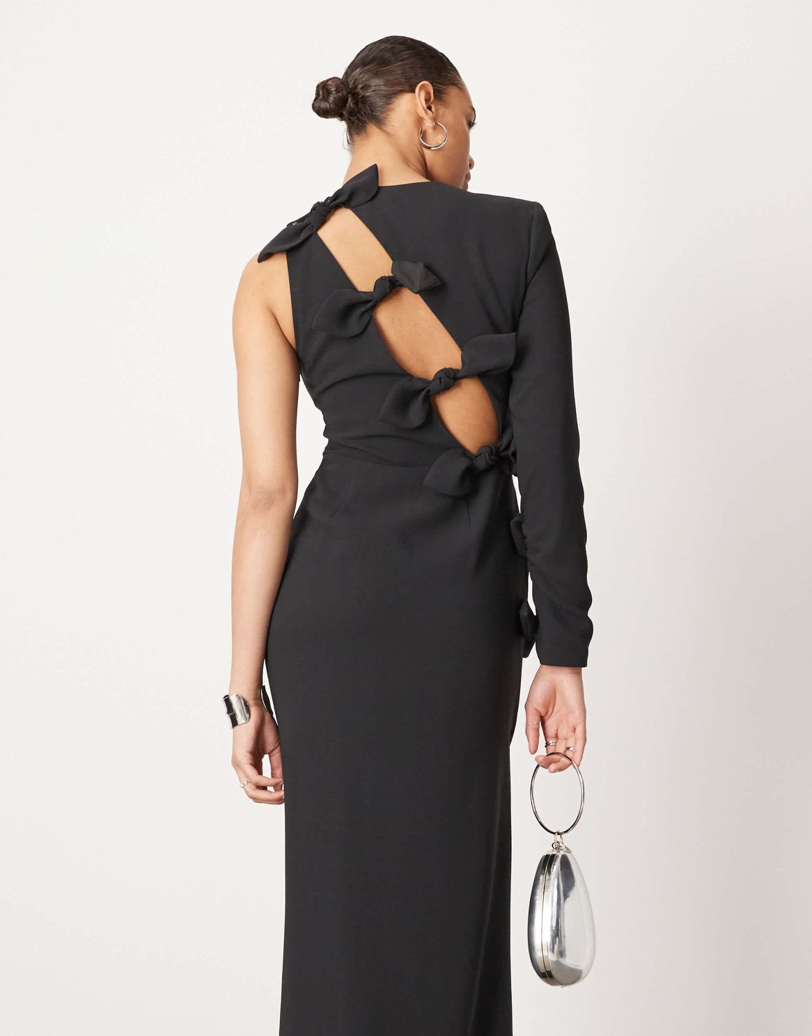 ASOS EDITION crepe one sleeve bow detail maxi dress in black - ASOS Sample Sale EU Store