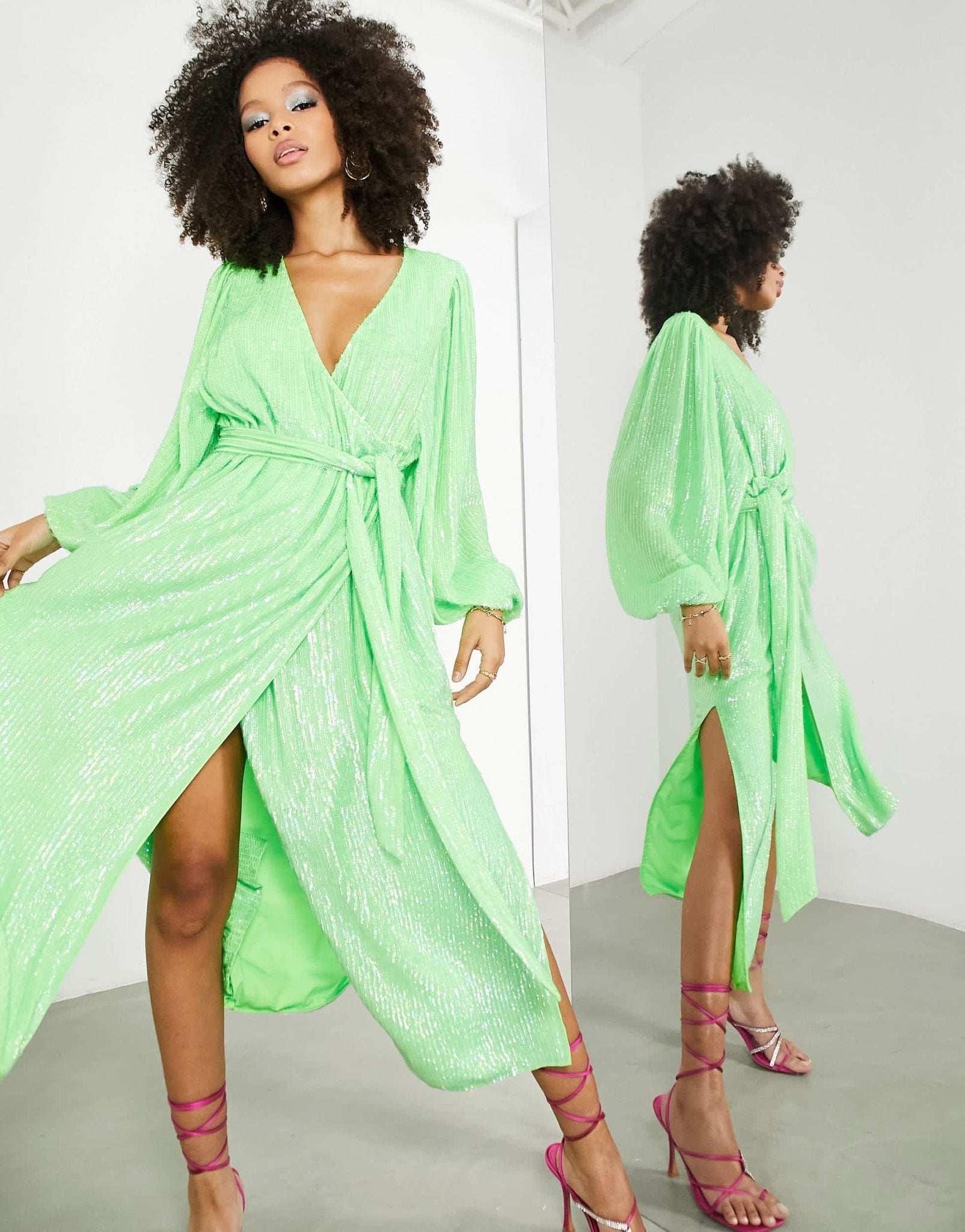 ASOS EDITION crystal sequin wrap midi dress with blouson sleeve in lime green - ASOS Sample Sale EU Store