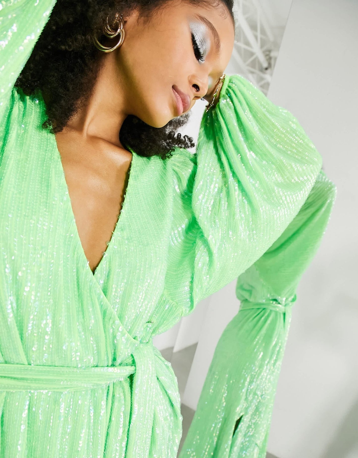 ASOS EDITION crystal sequin wrap midi dress with blouson sleeve in lime green - ASOS Sample Sale EU Store