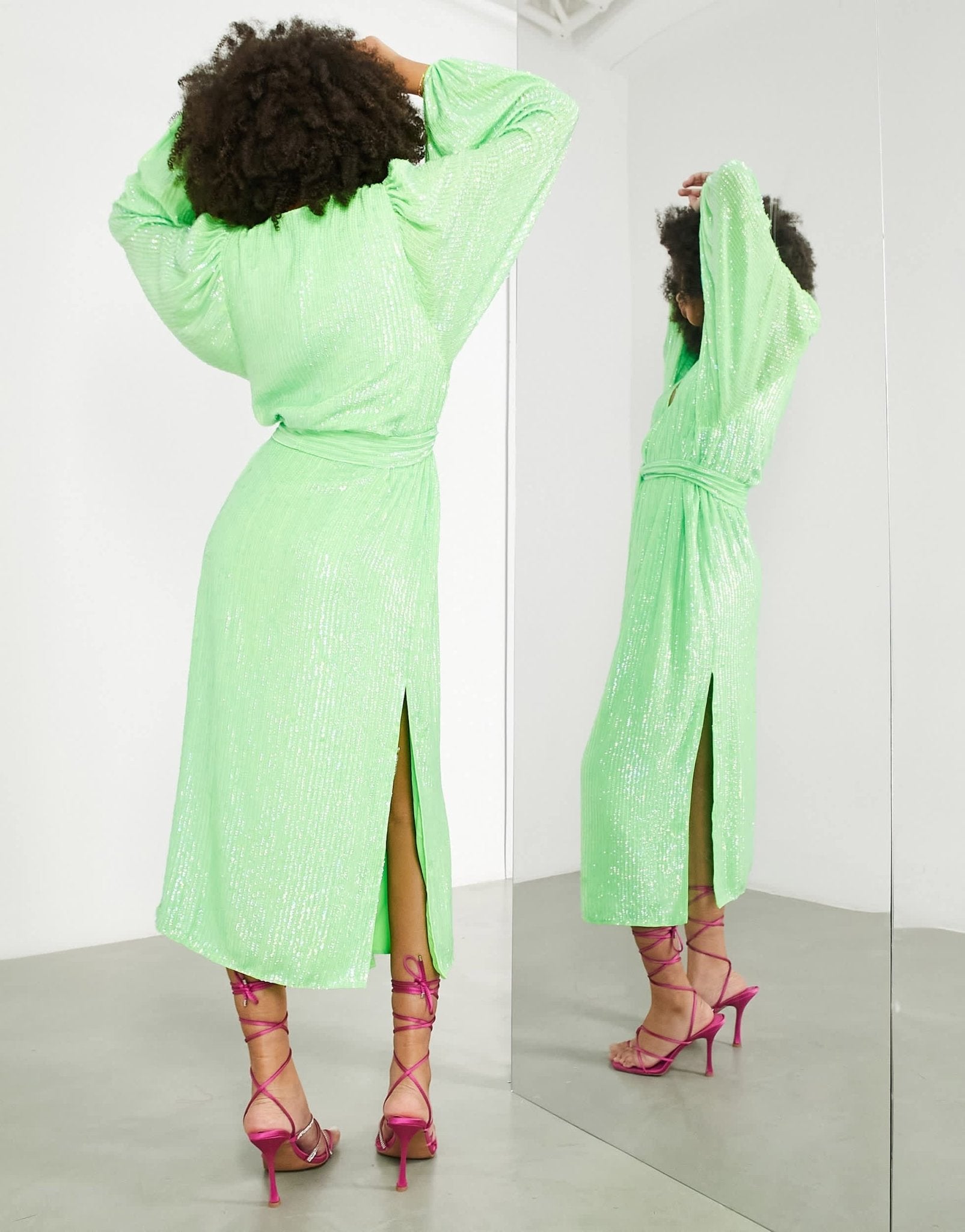 ASOS EDITION crystal sequin wrap midi dress with blouson sleeve in lime green - ASOS Sample Sale EU Store