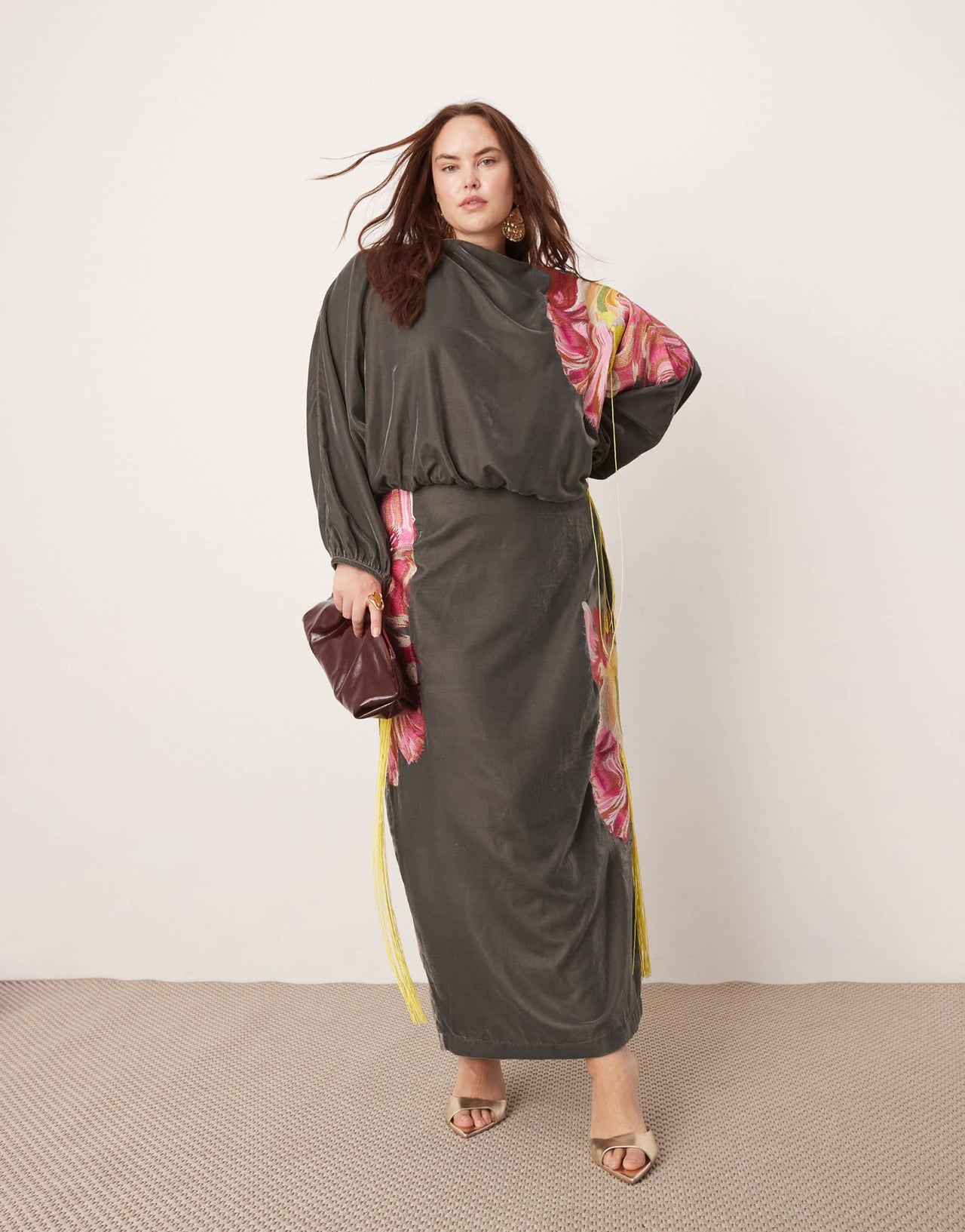 ASOS EDITION Curve velvet embroidered maxi dress with fringe detail in charcoal - ASOS Sample Sale EU Store