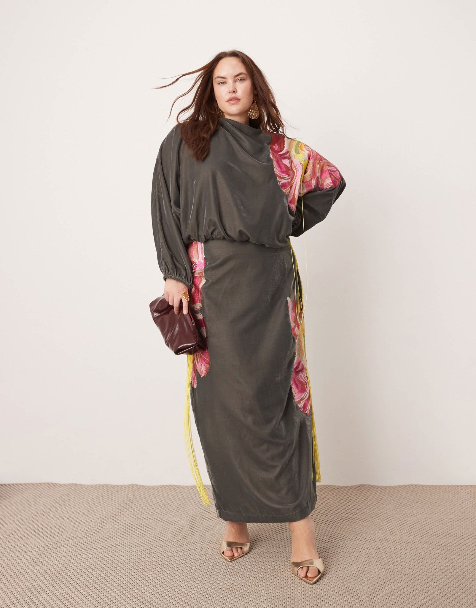 ASOS EDITION Curve velvet embroidered maxi dress with fringe detail in charcoal - ASOS Sample Sale EU Store