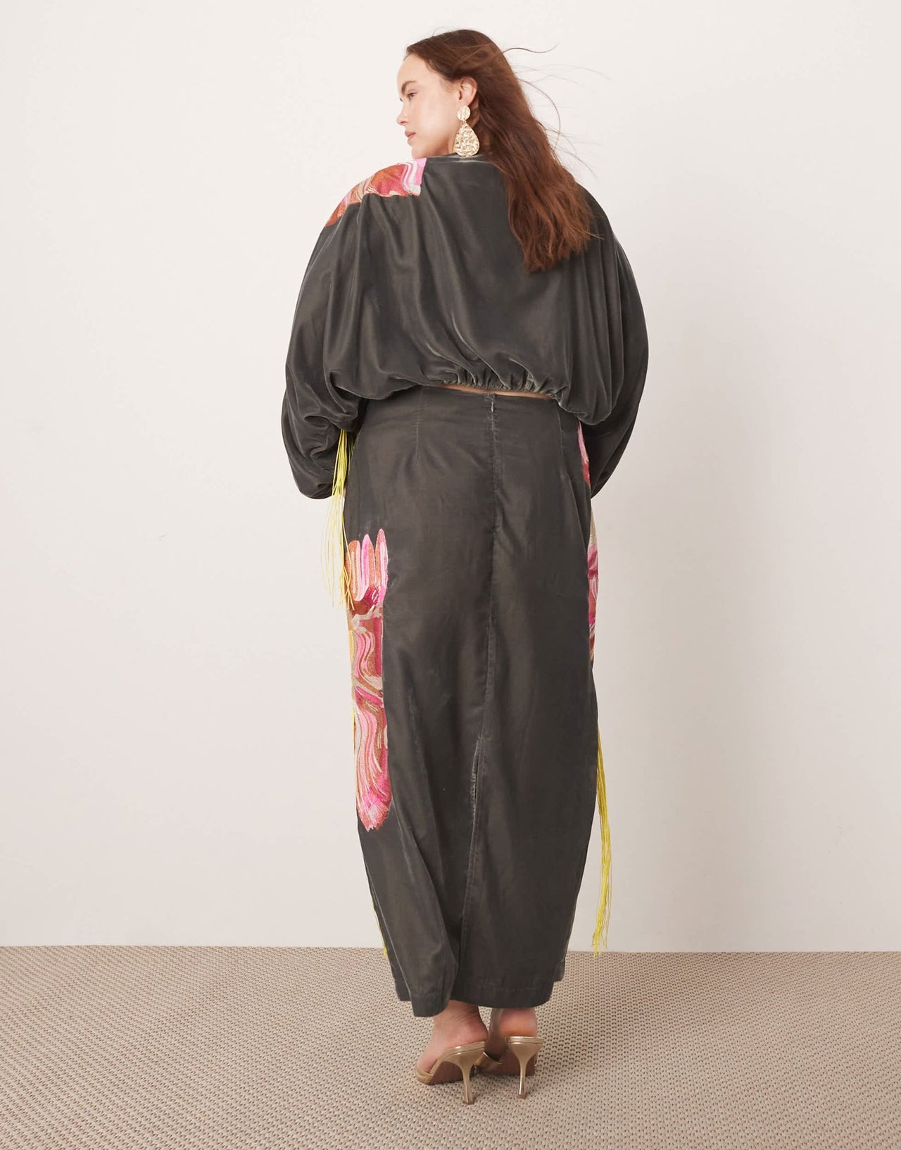 ASOS EDITION Curve velvet embroidered maxi dress with fringe detail in charcoal - ASOS Sample Sale EU Store