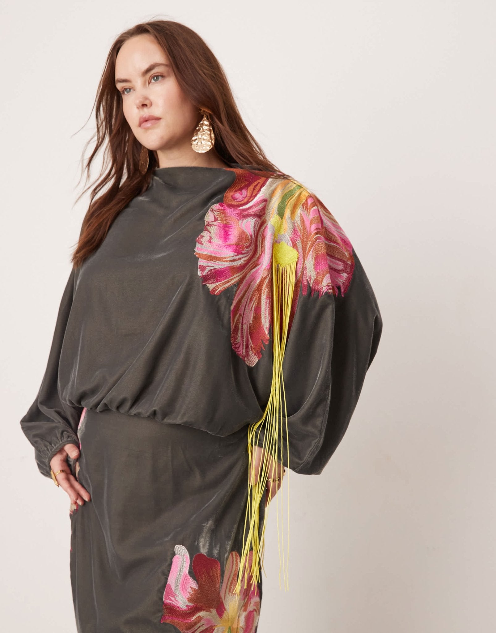 ASOS EDITION Curve velvet embroidered maxi dress with fringe detail in charcoal - ASOS Sample Sale EU Store