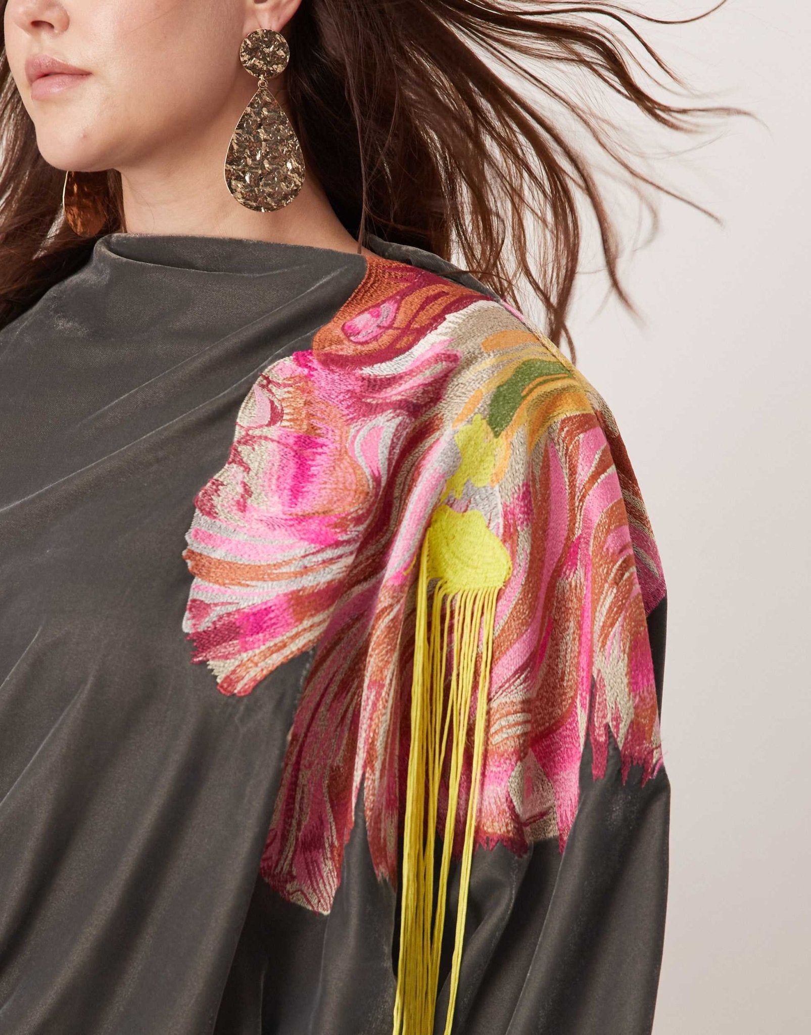 ASOS EDITION Curve velvet embroidered maxi dress with fringe detail in charcoal - ASOS Sample Sale EU Store