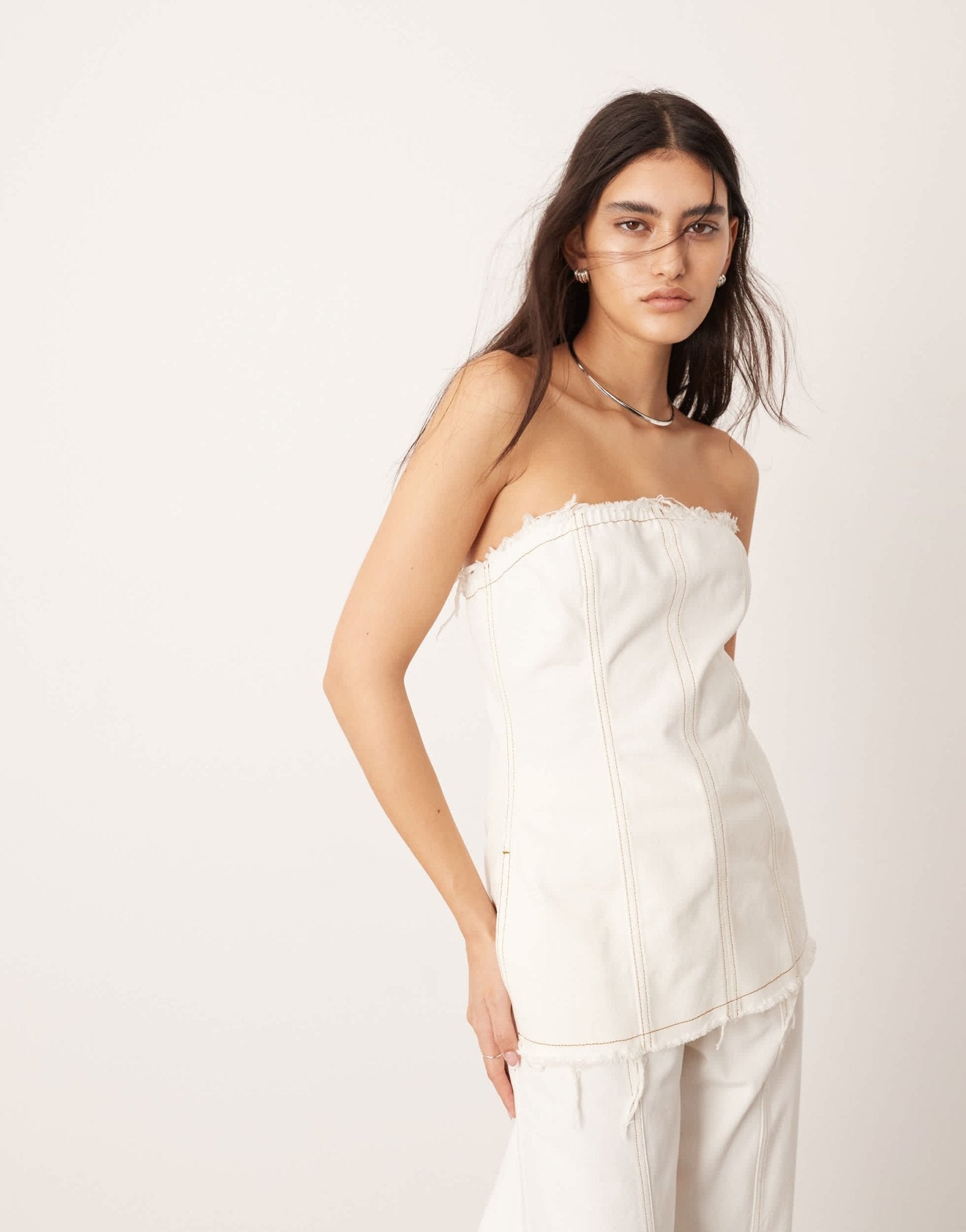 ASOS EDITION denim seam detail bandeau top co - ord with raw edge in ecru - ASOS Sample Sale EU Store