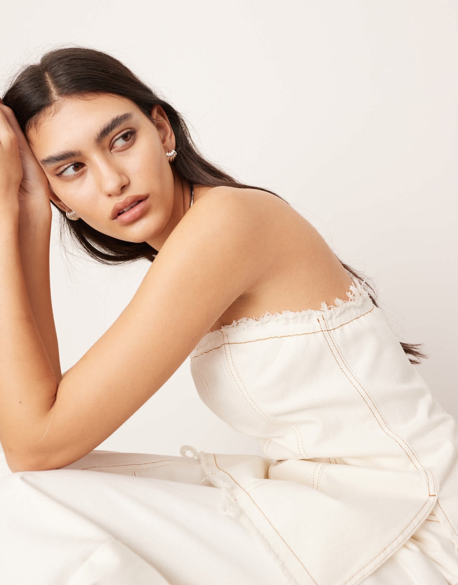 ASOS EDITION denim seam detail bandeau top co - ord with raw edge in ecru - ASOS Sample Sale EU Store