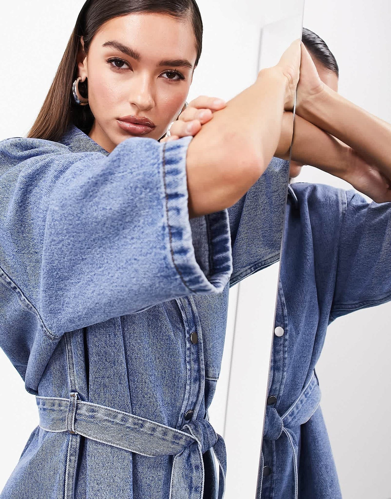 ASOS EDITION denim shoulder pad mini dress with belt in mid blue - ASOS Sample Sale EU Store