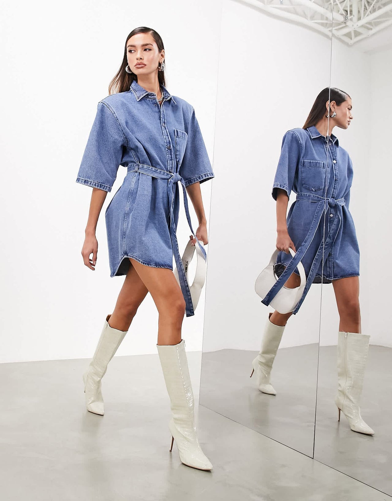 ASOS EDITION denim shoulder pad mini dress with belt in mid blue - ASOS Sample Sale EU Store