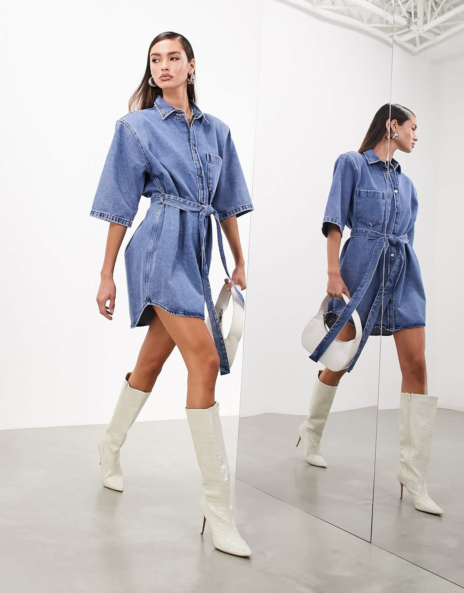 ASOS EDITION denim shoulder pad mini dress with belt in mid blue - ASOS Sample Sale EU Store