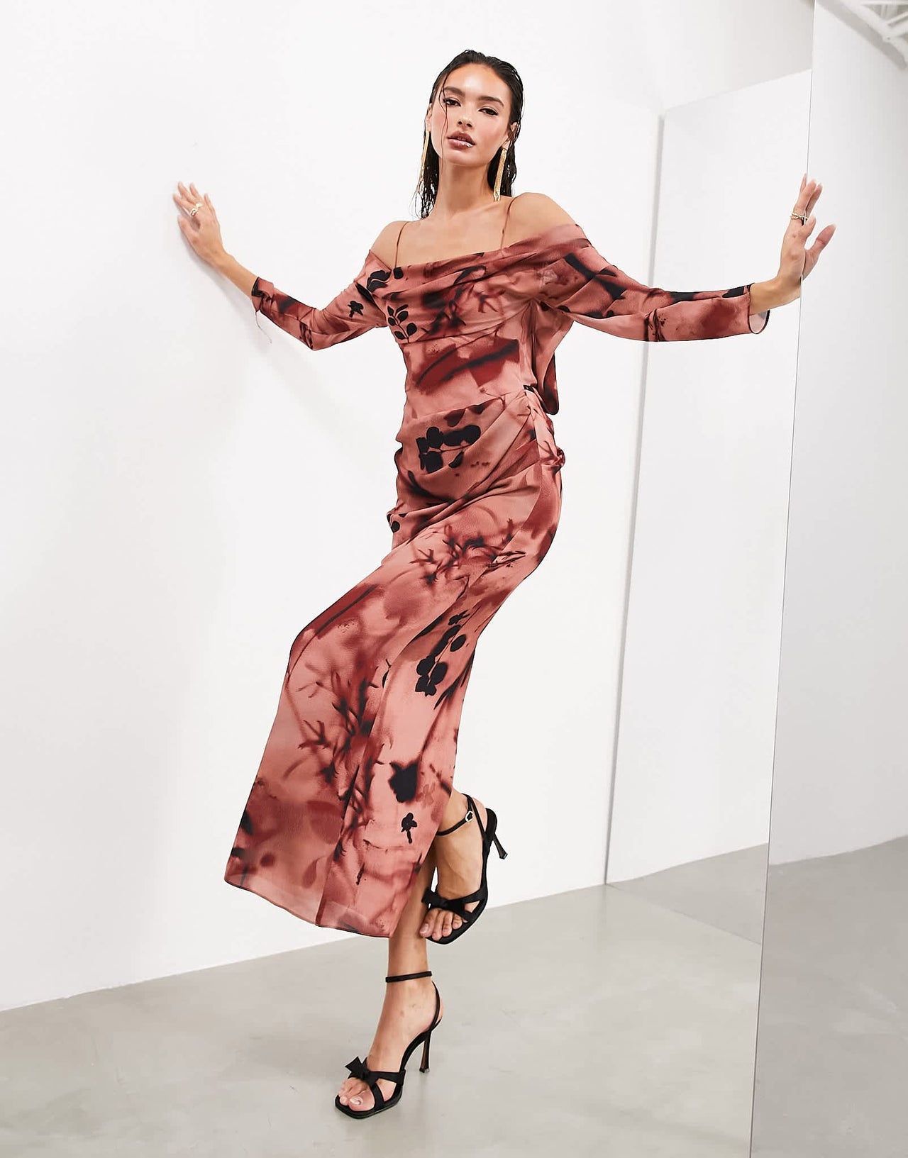 ASOS EDITION drape bardot long sleeve maxi dress in rose floral - ASOS Sample Sale EU Store