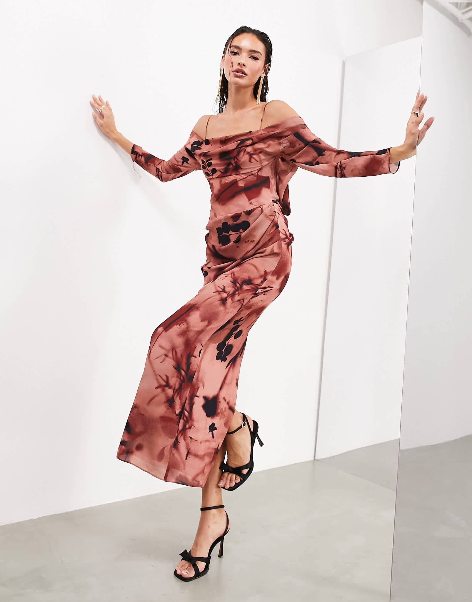 ASOS EDITION drape bardot long sleeve maxi dress in rose floral - ASOS Sample Sale EU Store