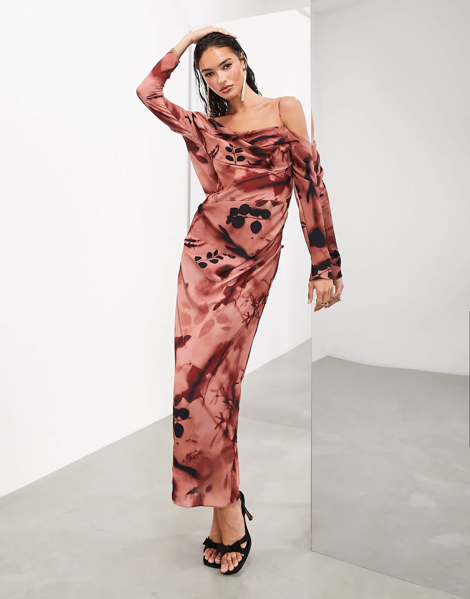 ASOS EDITION drape bardot long sleeve maxi dress in rose floral - ASOS Sample Sale EU Store