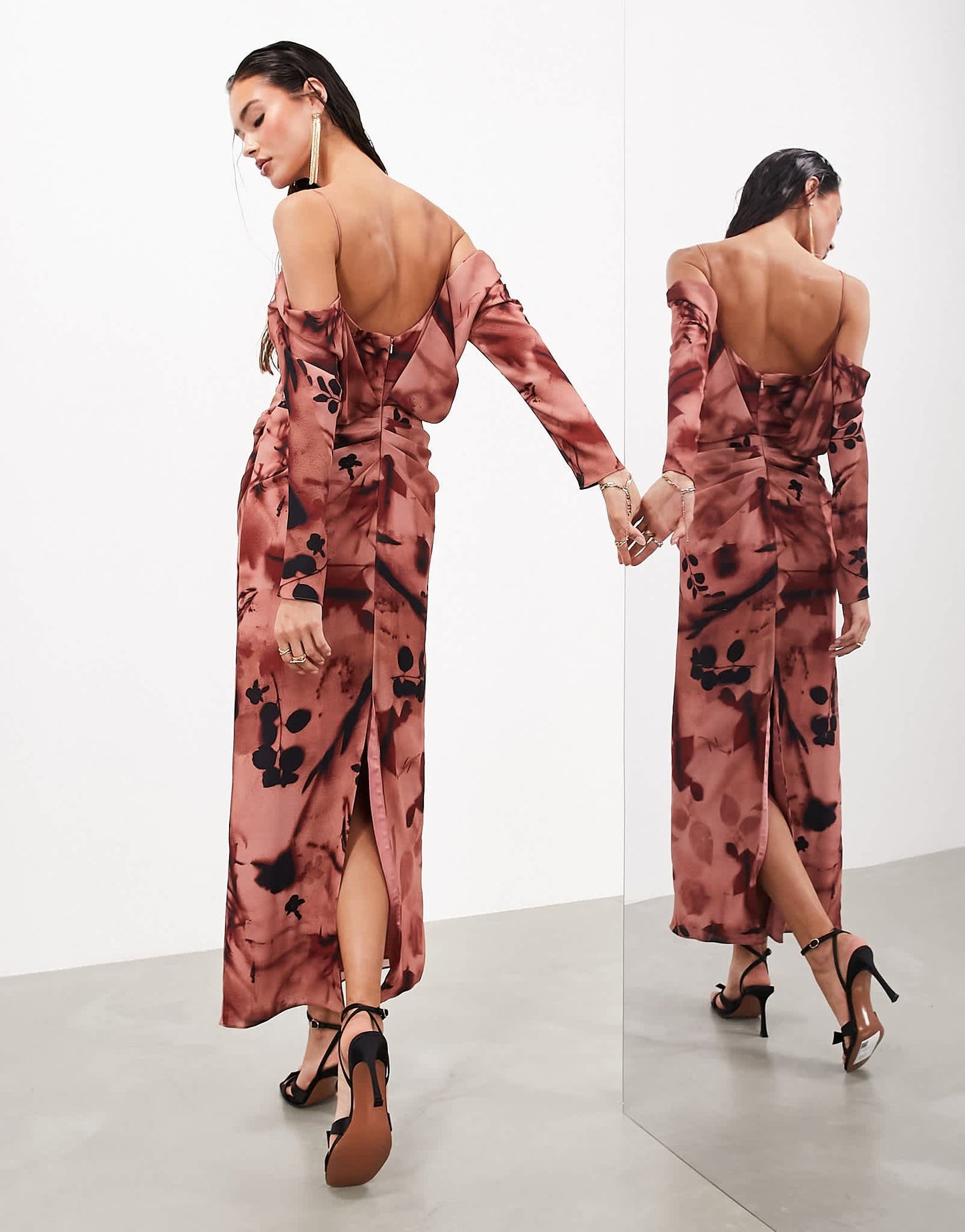 ASOS EDITION drape bardot long sleeve maxi dress in rose floral - ASOS Sample Sale EU Store