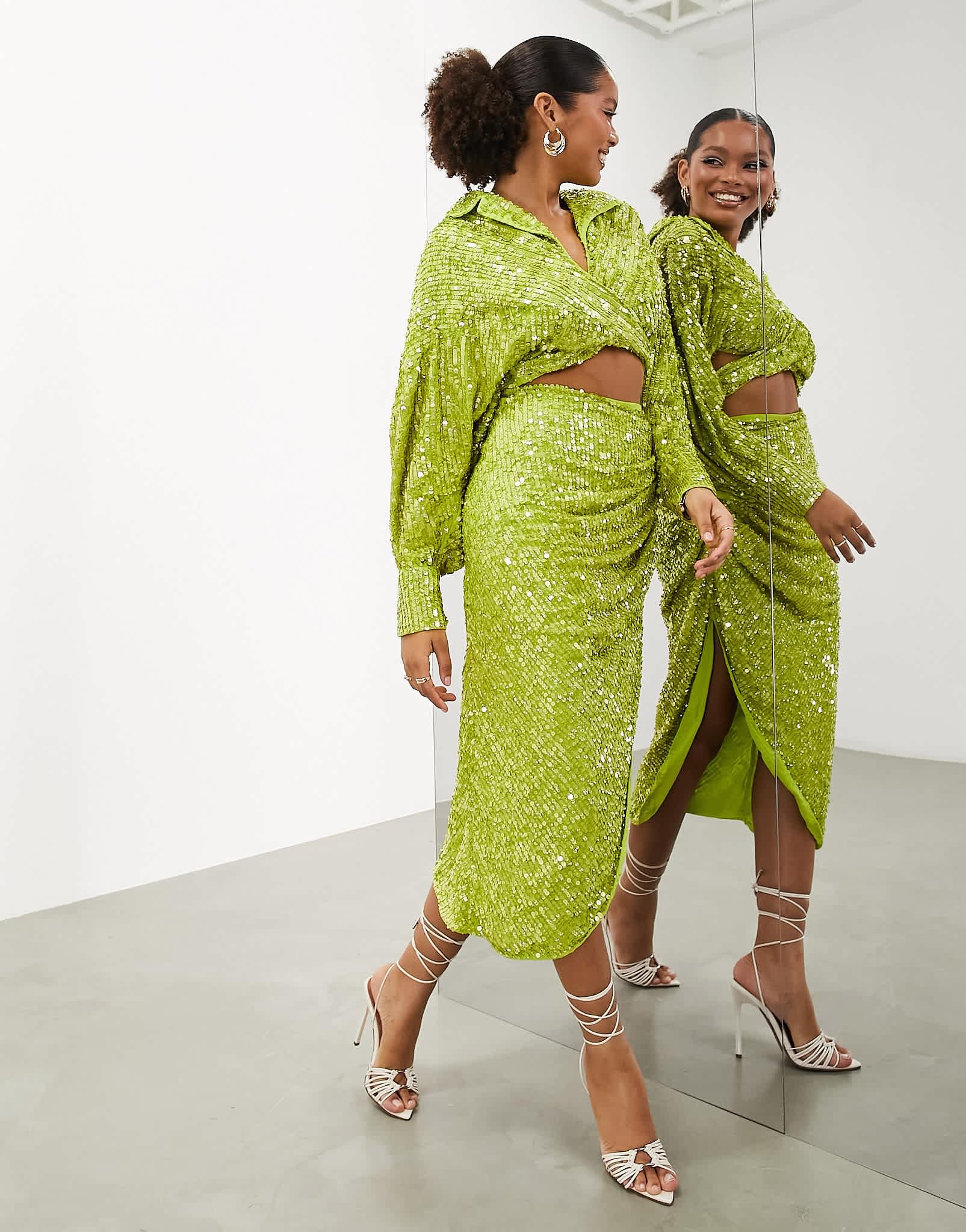 ASOS EDITION drape side sequin midi skirt in lime green - ASOS Sample Sale EU Store