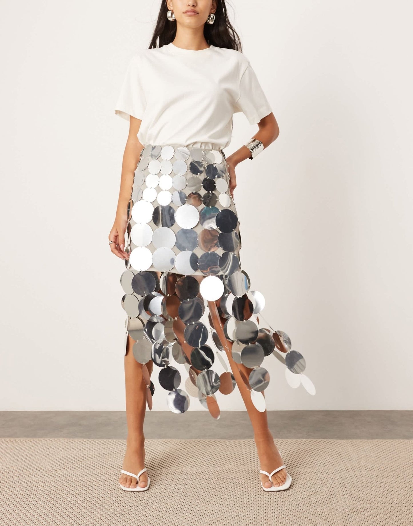 ASOS EDITION embellished disc fringe midi skirt with hem detail in silver - ASOS Sample Sale EU Store