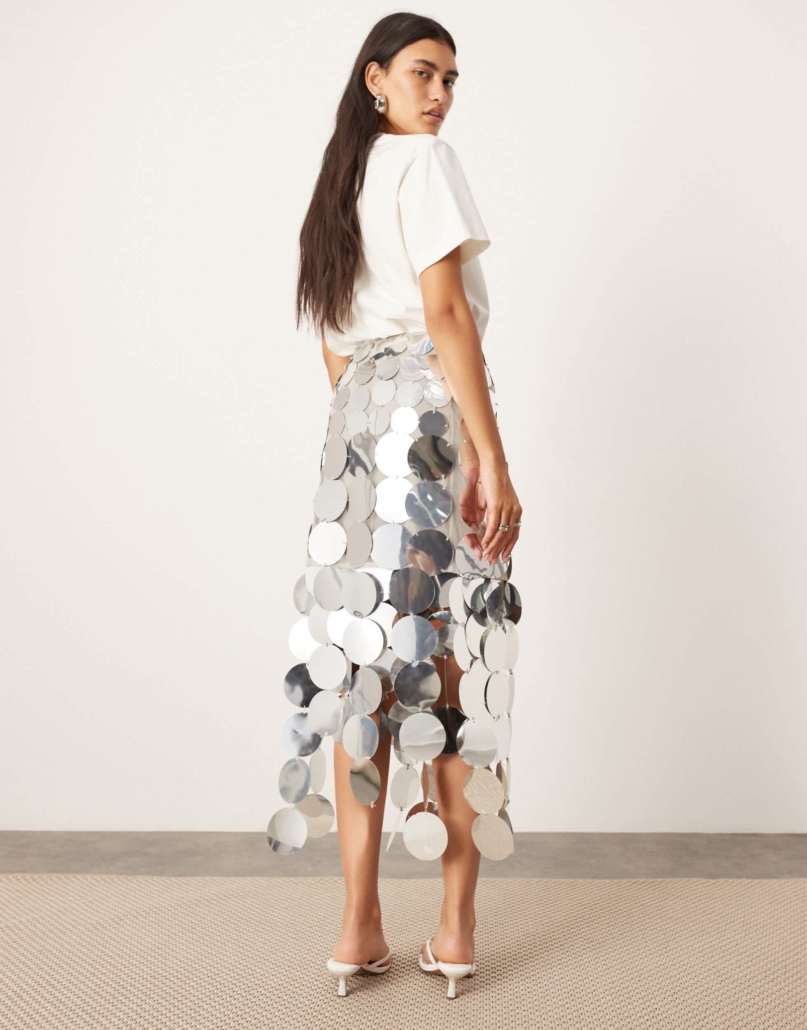 ASOS EDITION embellished disc fringe midi skirt with hem detail in silver - ASOS Sample Sale EU Store