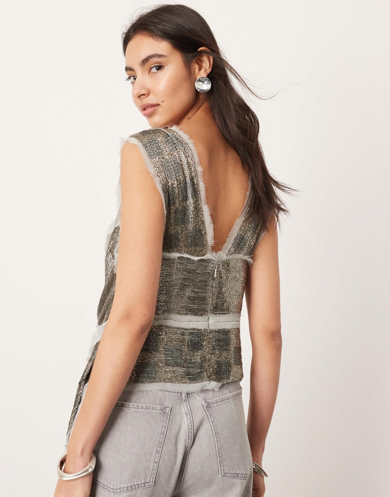 ASOS EDITION embellished spliced longline top in charcoal - ASOS Sample Sale EU Store