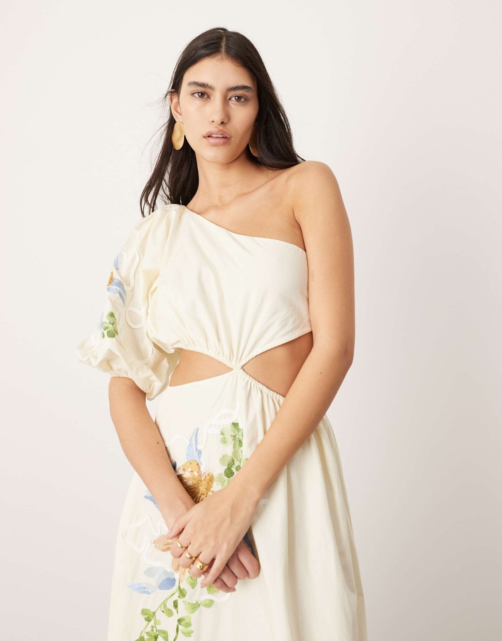 ASOS EDITION embroidered floral shoulder puff sleeve midi dress in cream - ASOS Sample Sale EU Store