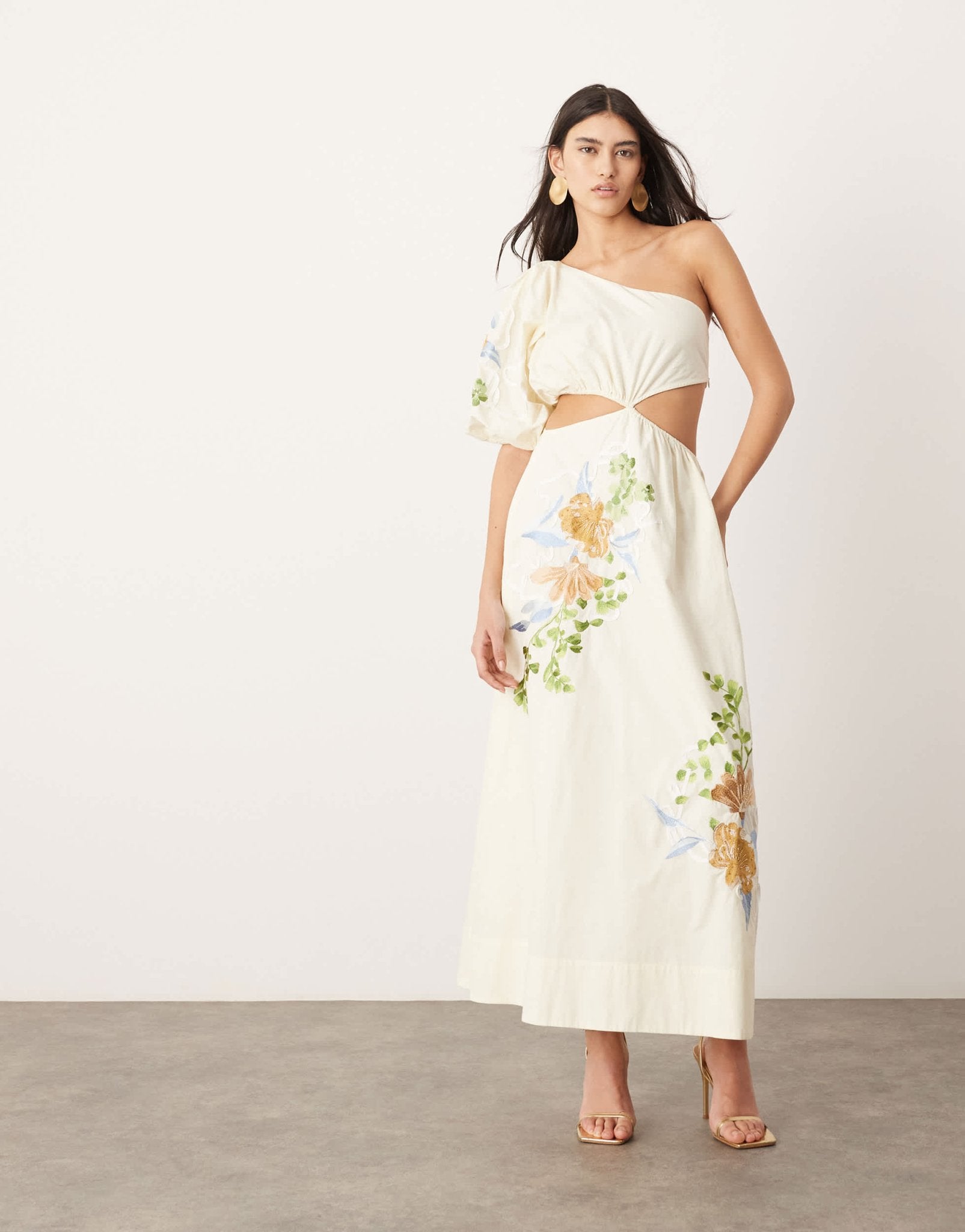 ASOS EDITION embroidered floral shoulder puff sleeve midi dress in cream - ASOS Sample Sale EU Store