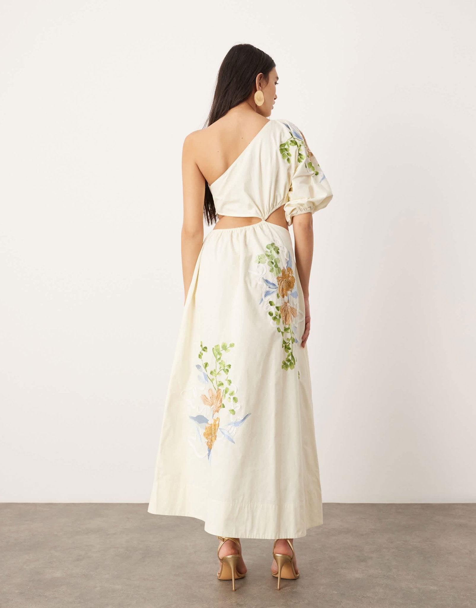 ASOS EDITION embroidered floral shoulder puff sleeve midi dress in cream - ASOS Sample Sale EU Store