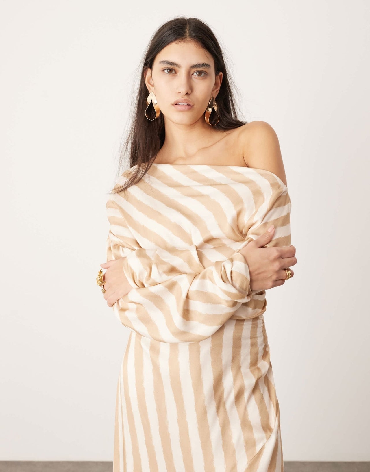 ASOS EDITION fallen shoulder maxi dress in stone stripe - ASOS Sample Sale EU Store