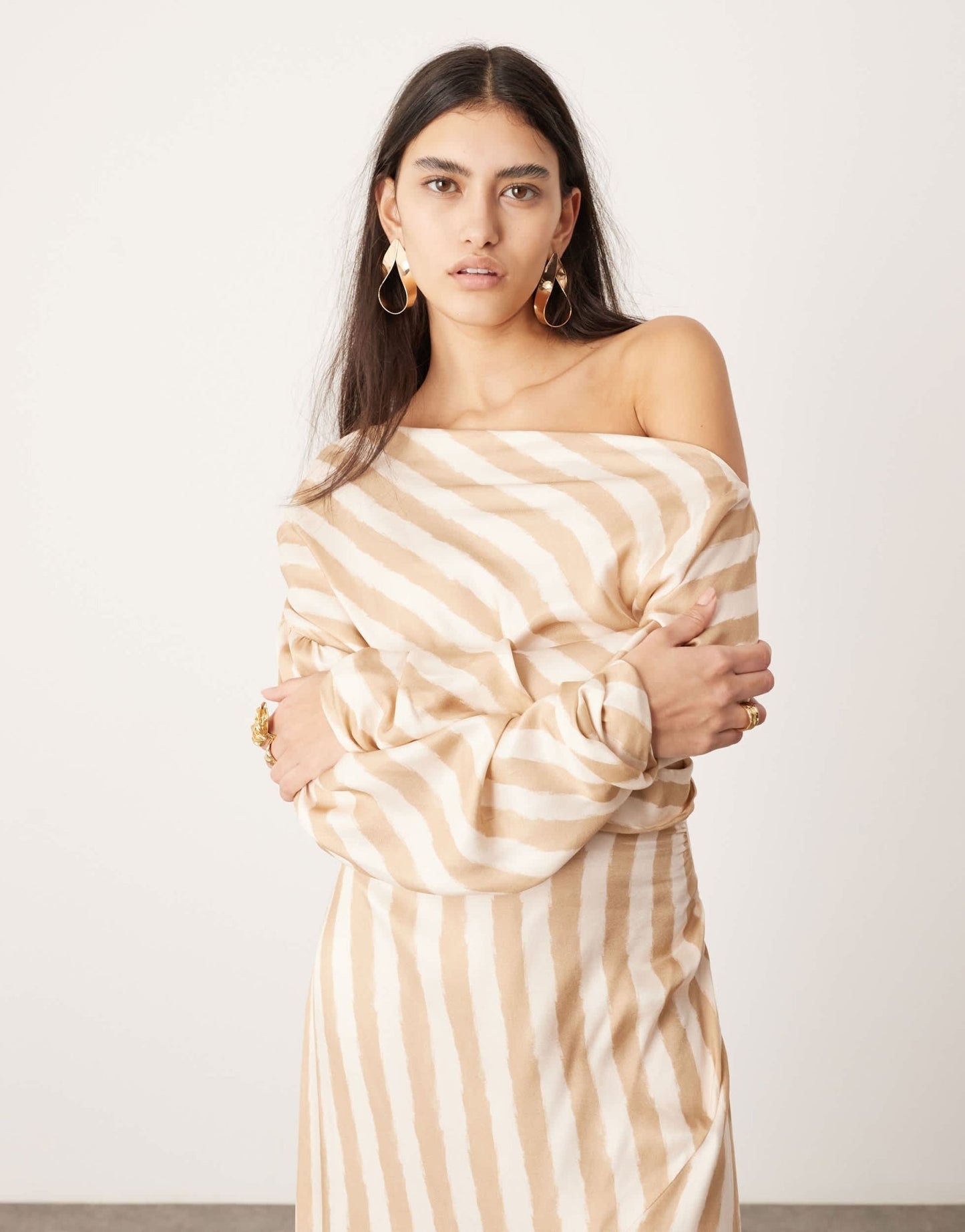 ASOS EDITION fallen shoulder maxi dress in stone stripe - ASOS Sample Sale EU Store