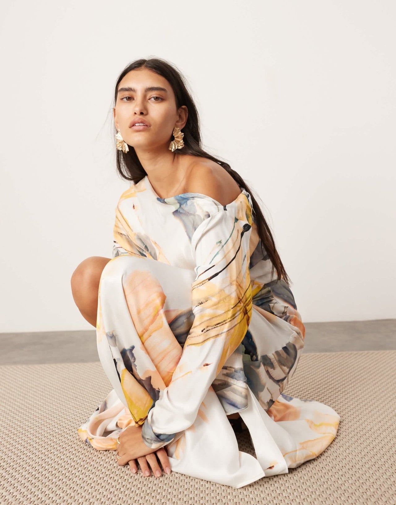 ASOS EDITION fallen shoulder midi dress in blurred floral print - ASOS Sample Sale EU Store