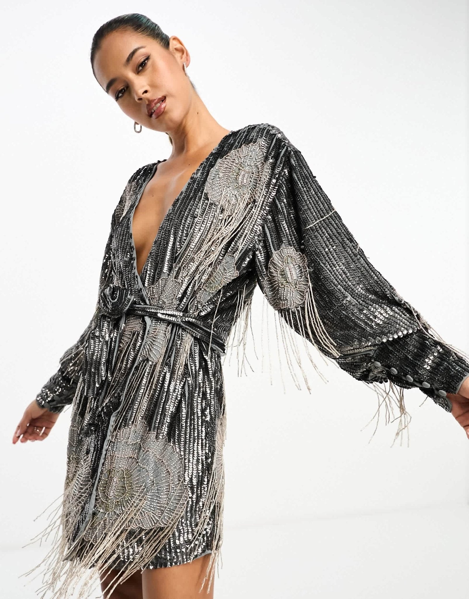 ASOS EDITION floral fringe sequin wrap mini dress in charcoal - ASOS Sample Sale EU Store