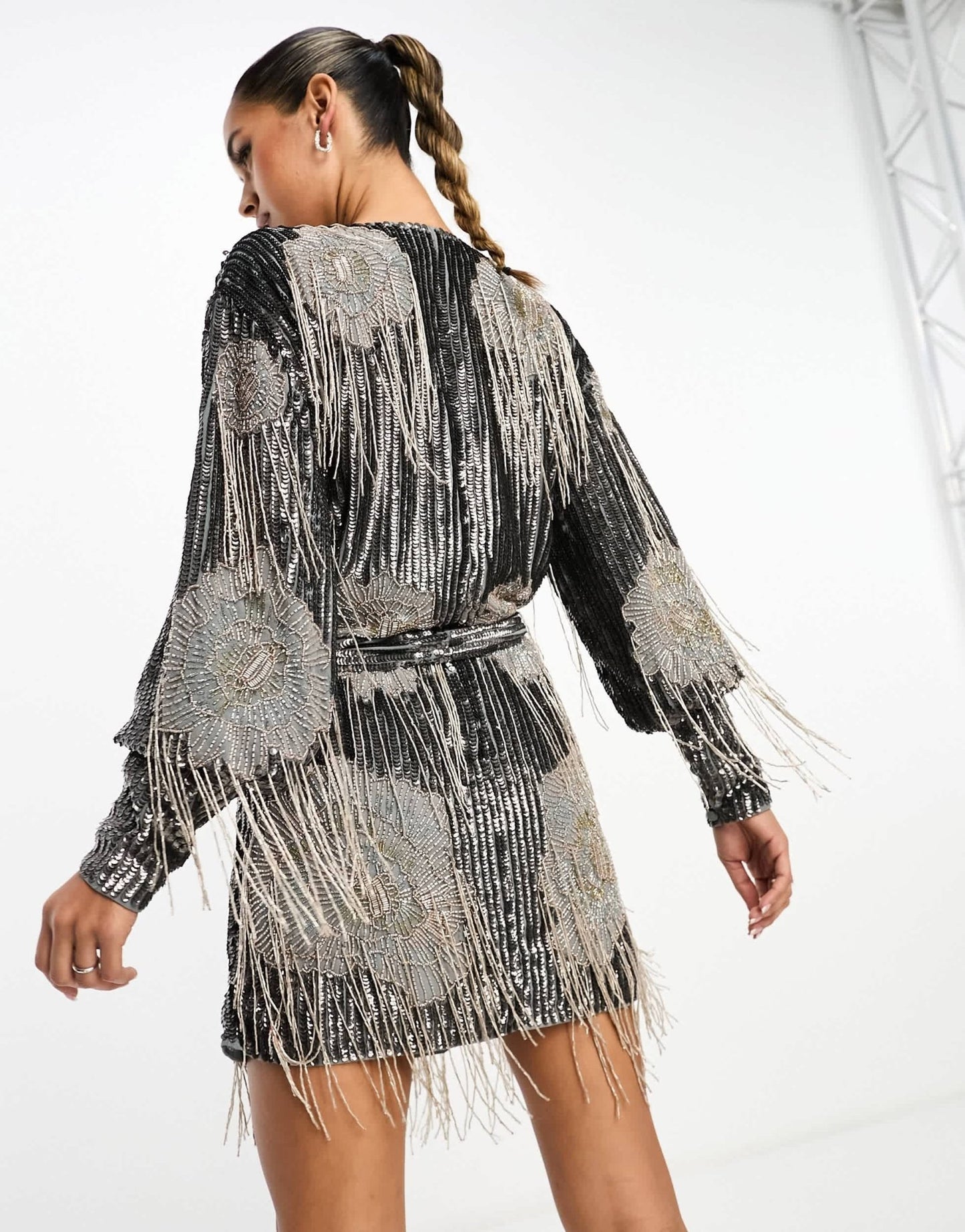 ASOS EDITION floral fringe sequin wrap mini dress in charcoal - ASOS Sample Sale EU Store