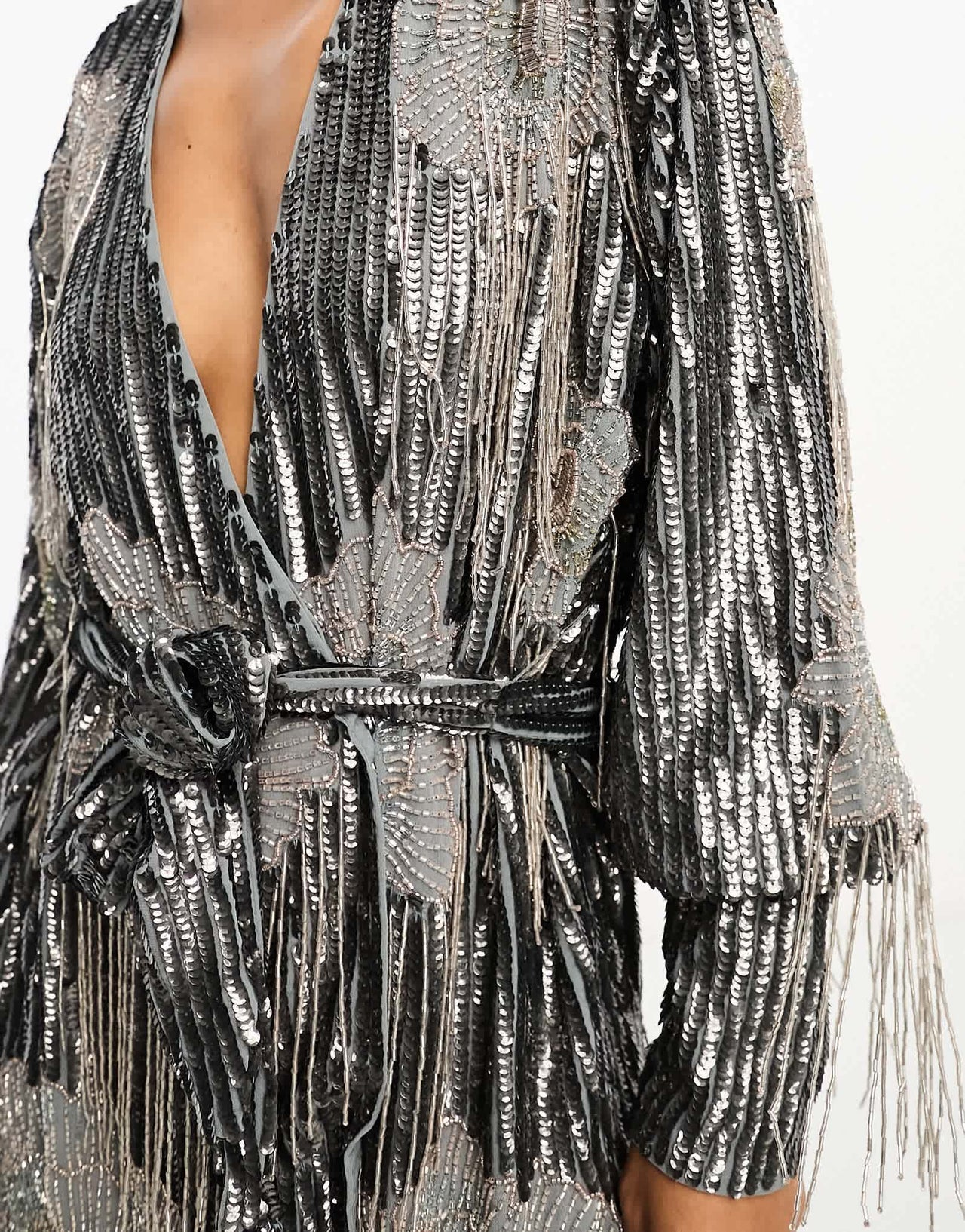 ASOS EDITION floral fringe sequin wrap mini dress in charcoal - ASOS Sample Sale EU Store