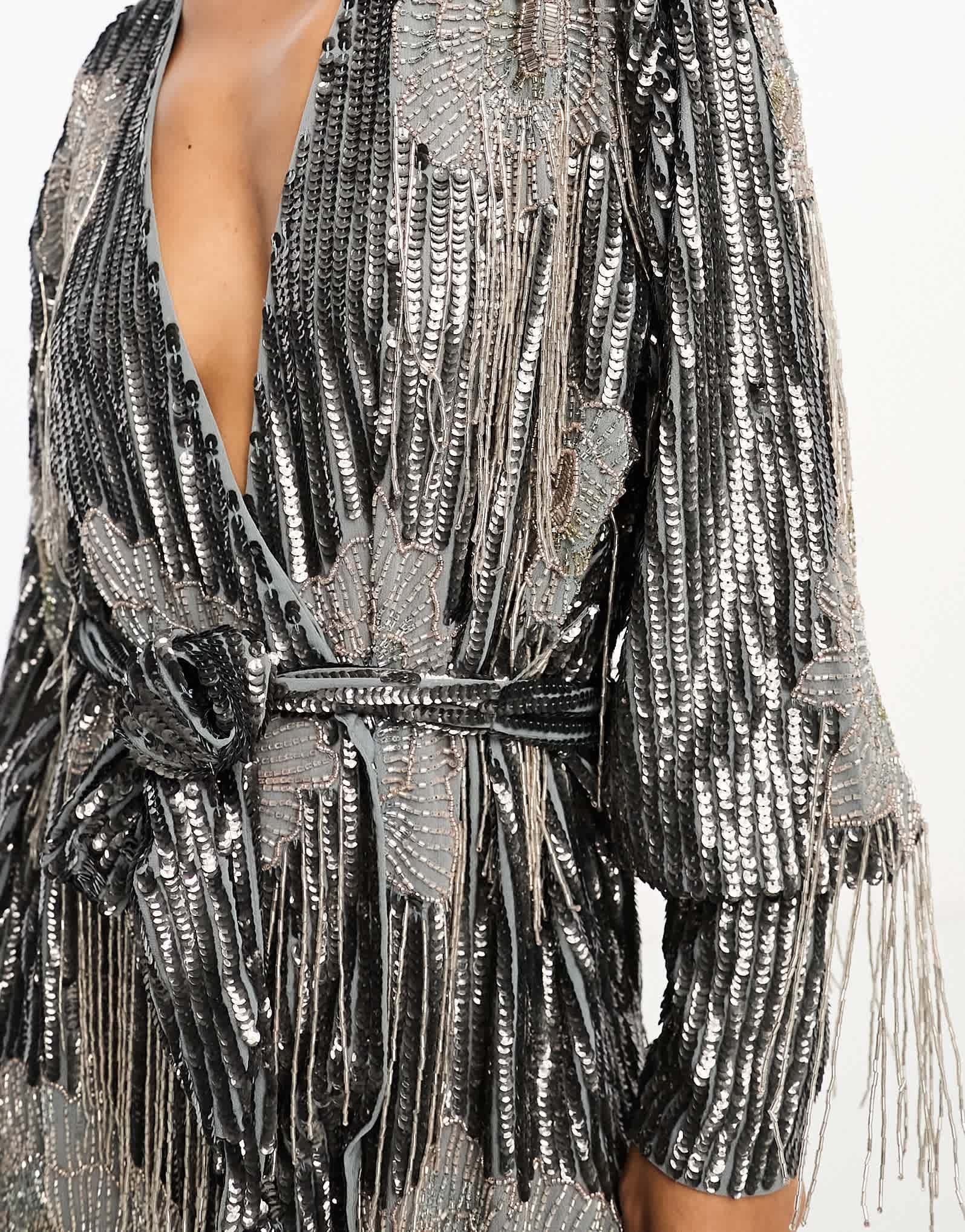 ASOS EDITION floral fringe sequin wrap mini dress in charcoal - ASOS Sample Sale EU Store