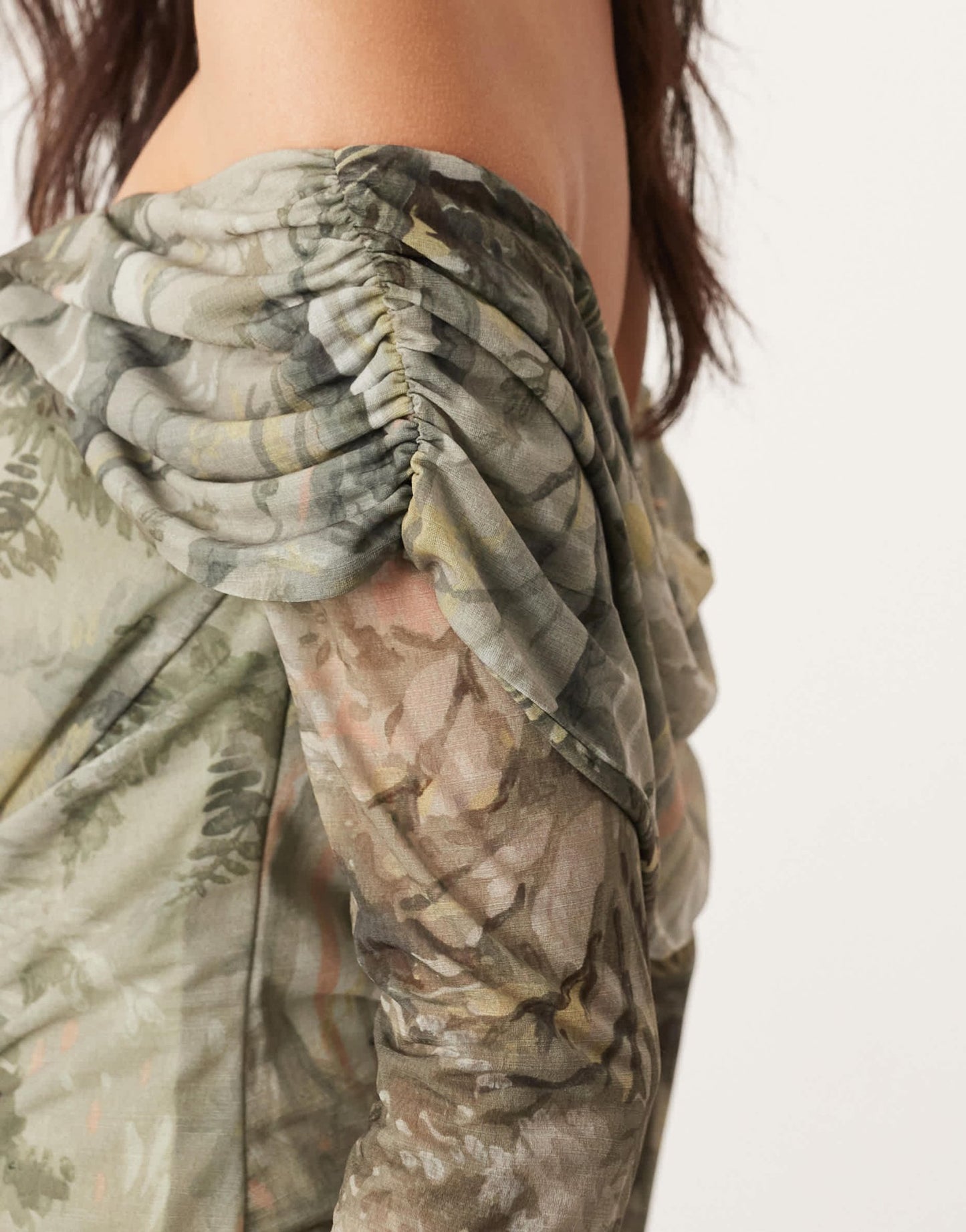 ASOS EDITION jersey mesh off shoulder midi dress with layered detail in landscape print - ASOS Sample Sale EU Store