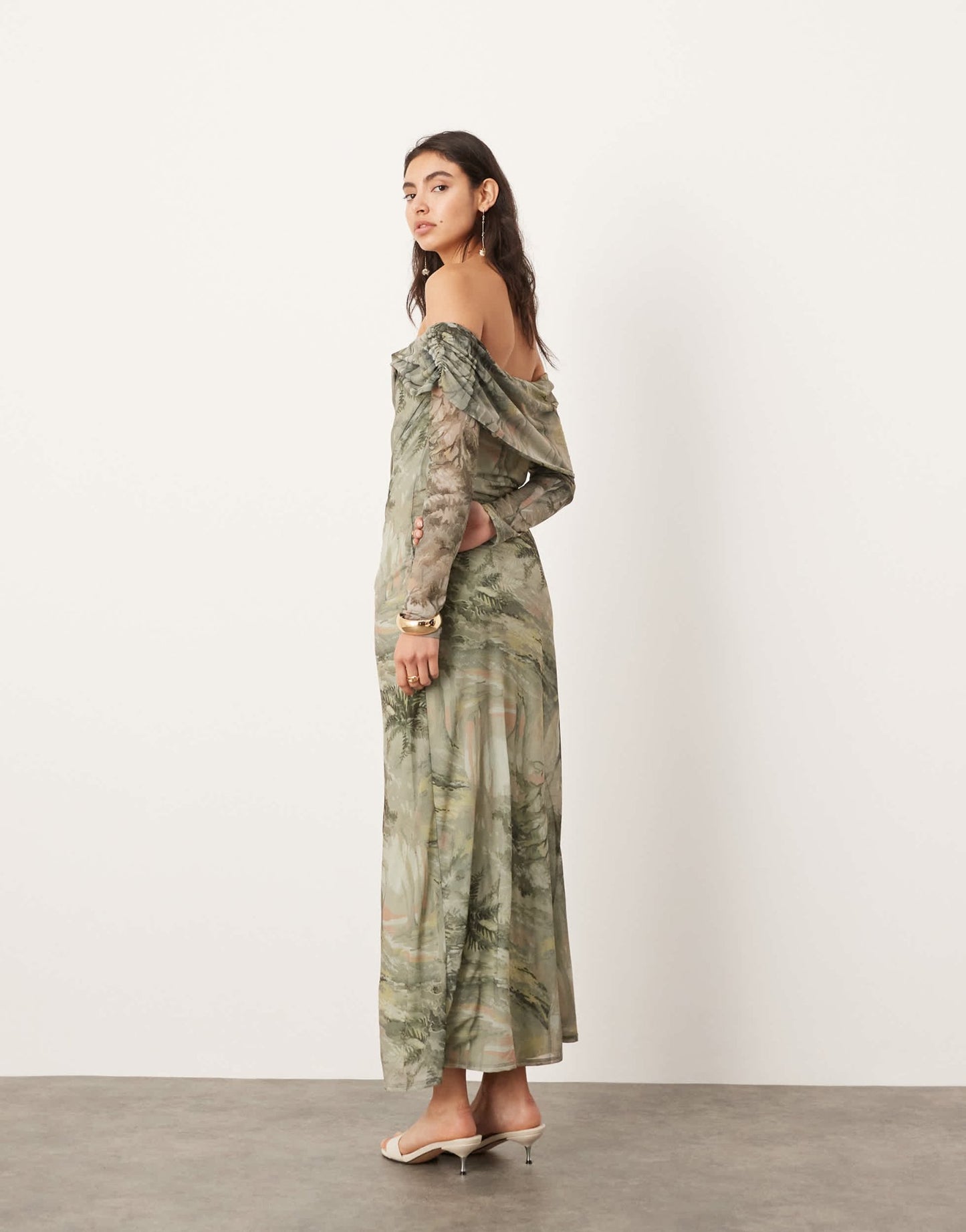 ASOS EDITION jersey mesh off shoulder midi dress with layered detail in landscape print - ASOS Sample Sale EU Store