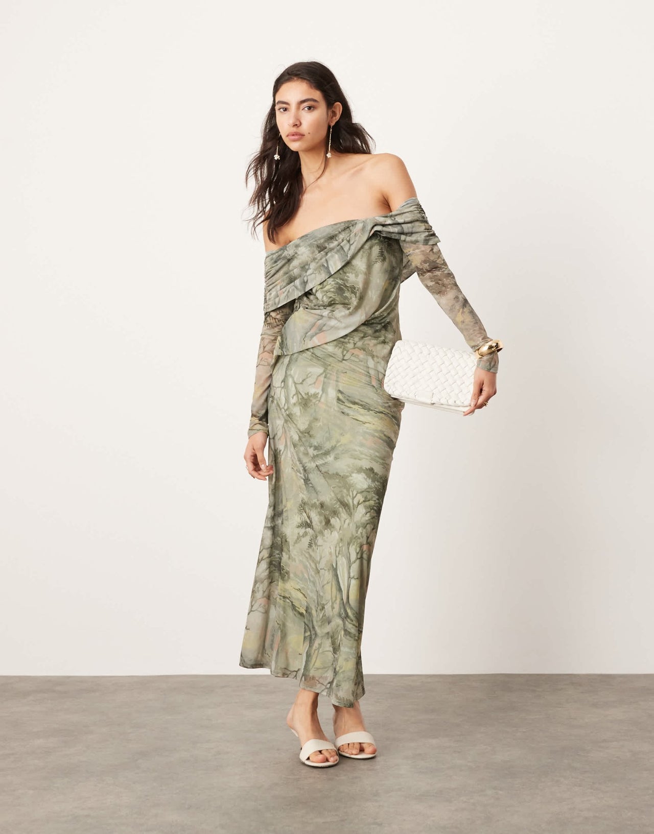 ASOS EDITION jersey mesh off shoulder midi dress with layered detail in landscape print - ASOS Sample Sale EU Store