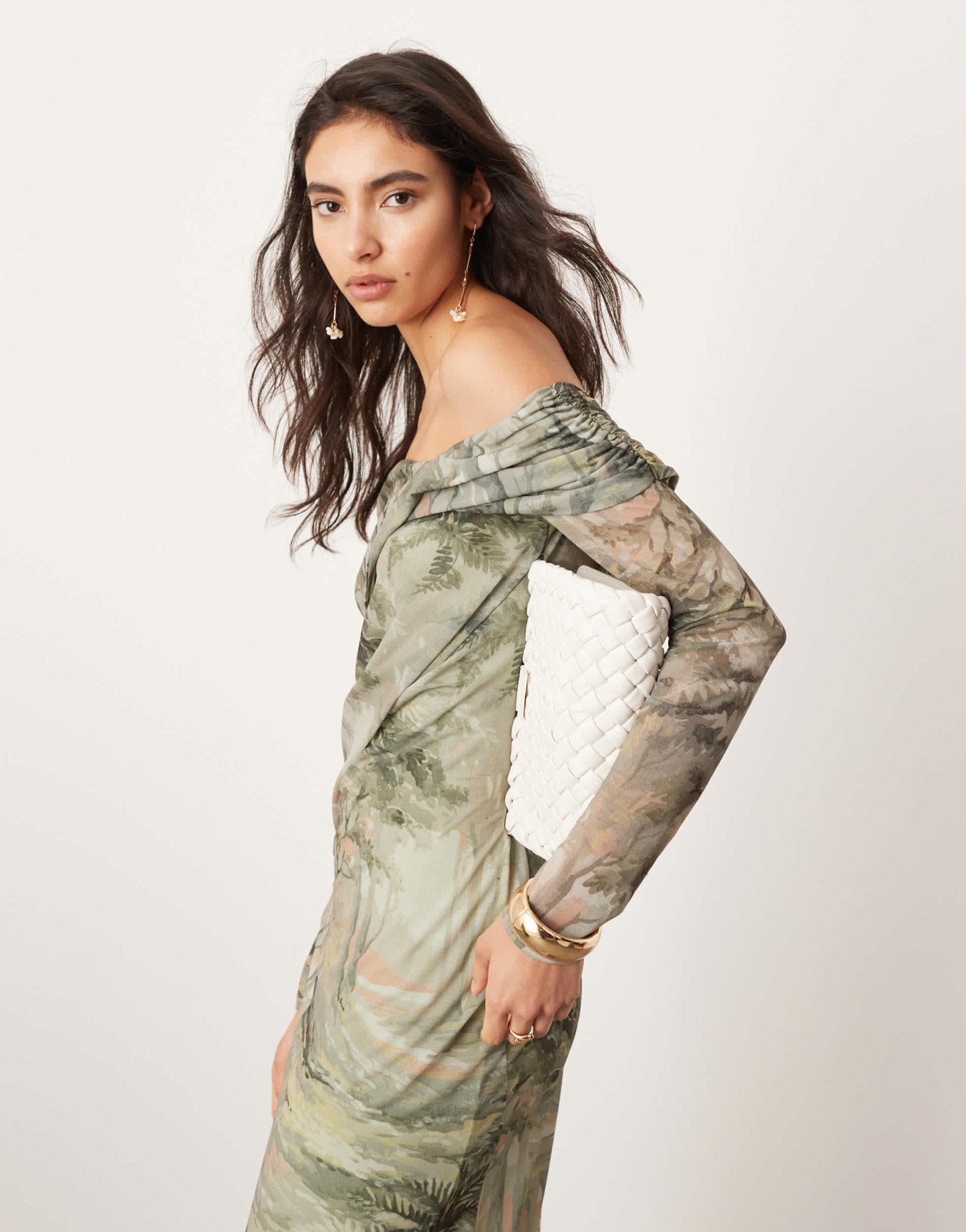 ASOS EDITION jersey mesh off shoulder midi dress with layered detail in landscape print - ASOS Sample Sale EU Store